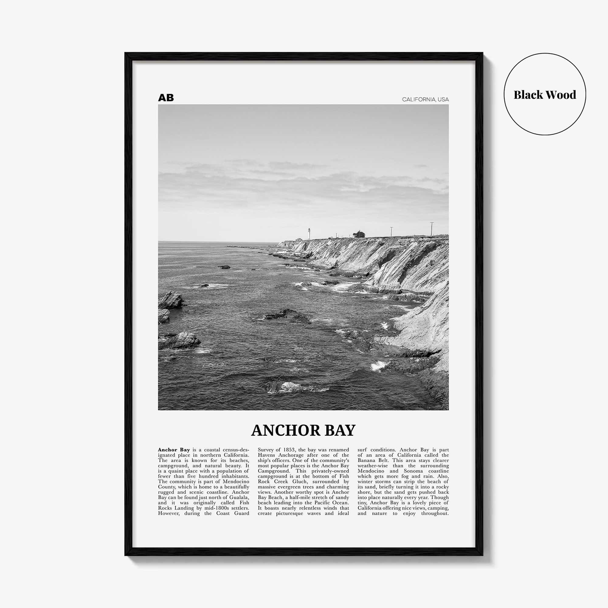 Anchor Bay Print Black and White, Anchor Bay Wall Art, Anchor Bay Poster, Anchor Bay Photo, Anchor Bay Wall Décor, Anchor Map, California