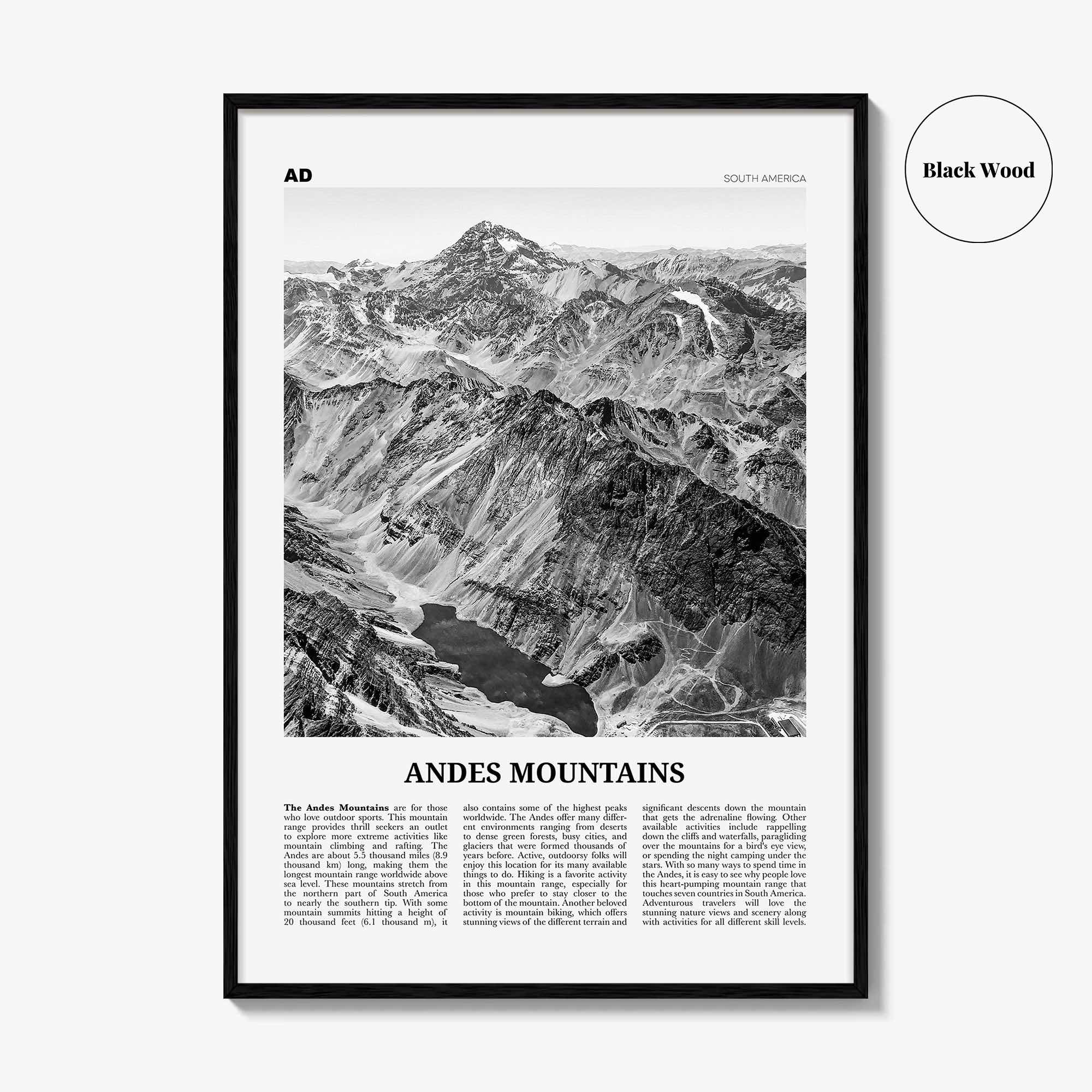 Andes Mountains Print Black and White, Andes Wall Art, Andes Poster, Andes Photo, Andes Map, Andes Wall Decor, South America