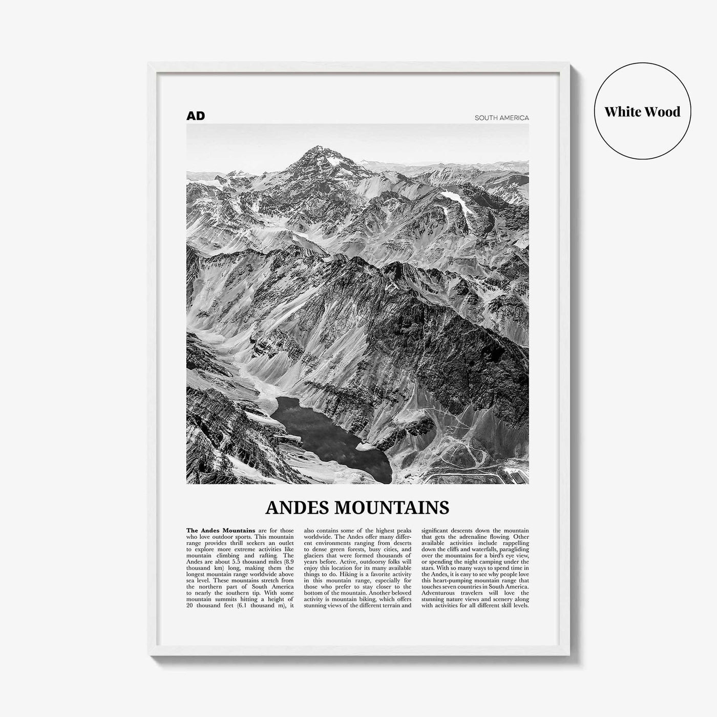 Andes Mountains Print Black and White, Andes Wall Art, Andes Poster, Andes Photo, Andes Map, Andes Wall Decor, South America
