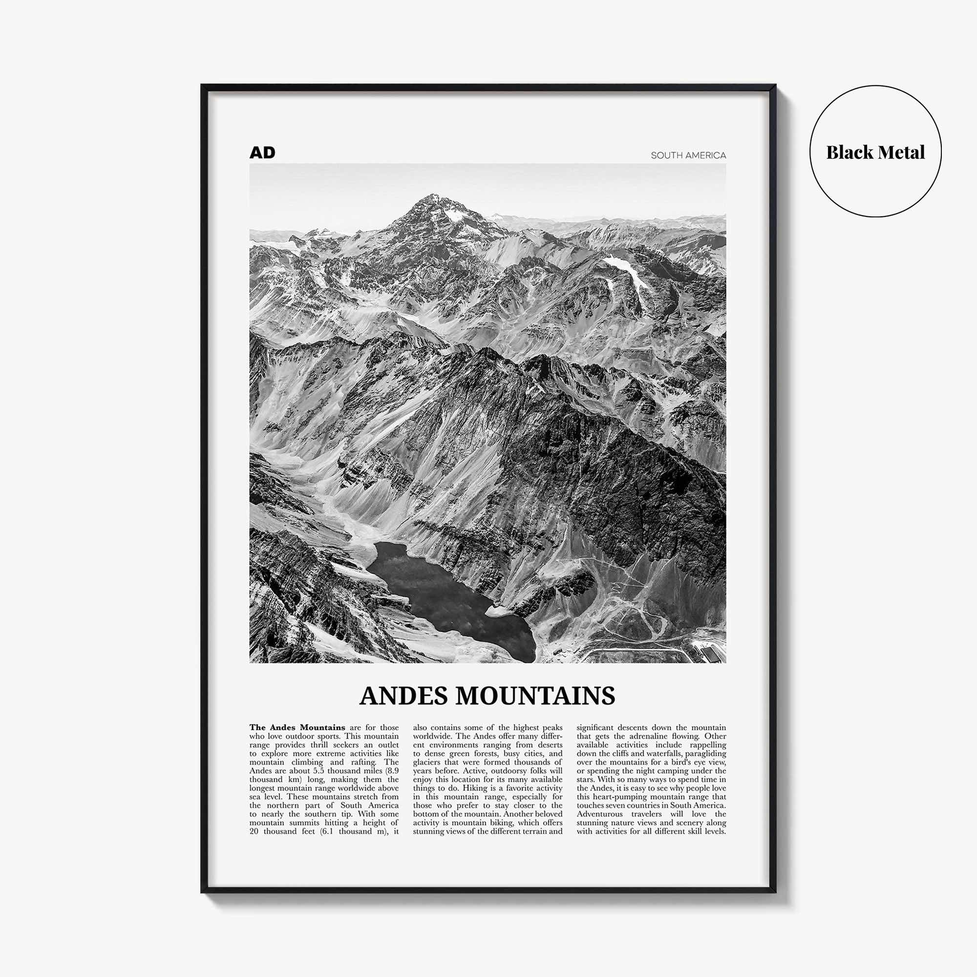 Andes Mountains Print Black and White, Andes Wall Art, Andes Poster, Andes Photo, Andes Map, Andes Wall Decor, South America
