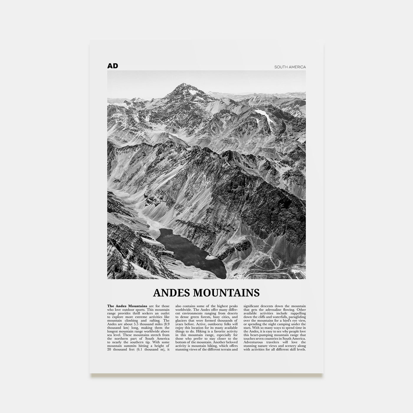 Andes Mountains Travel B&W Poster