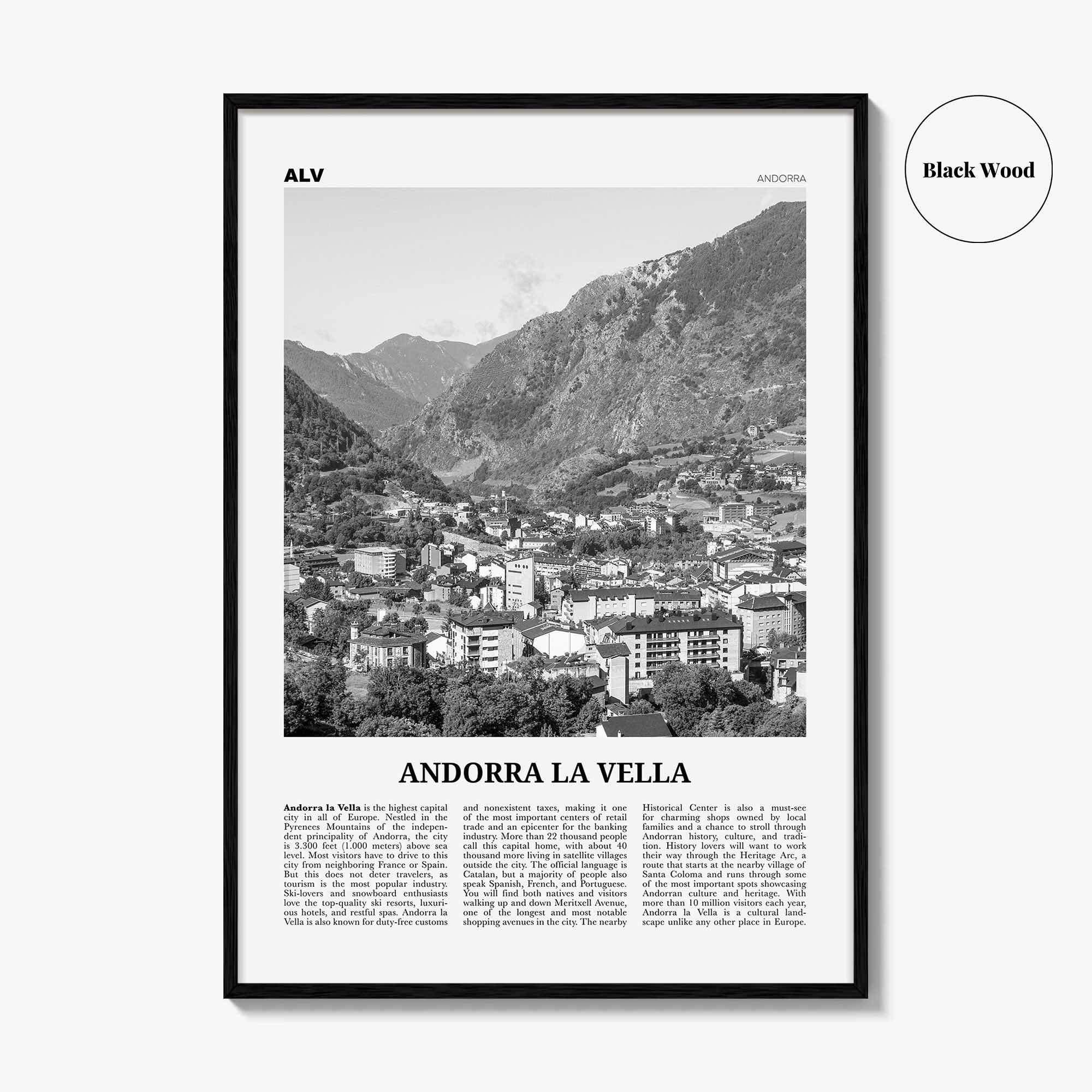 Andorra la Vella Print Black and White, Andorra la Vella Wall Art, Andorra la Vella Poster, Andorra la Vella Photo, la Vieja, Andorra