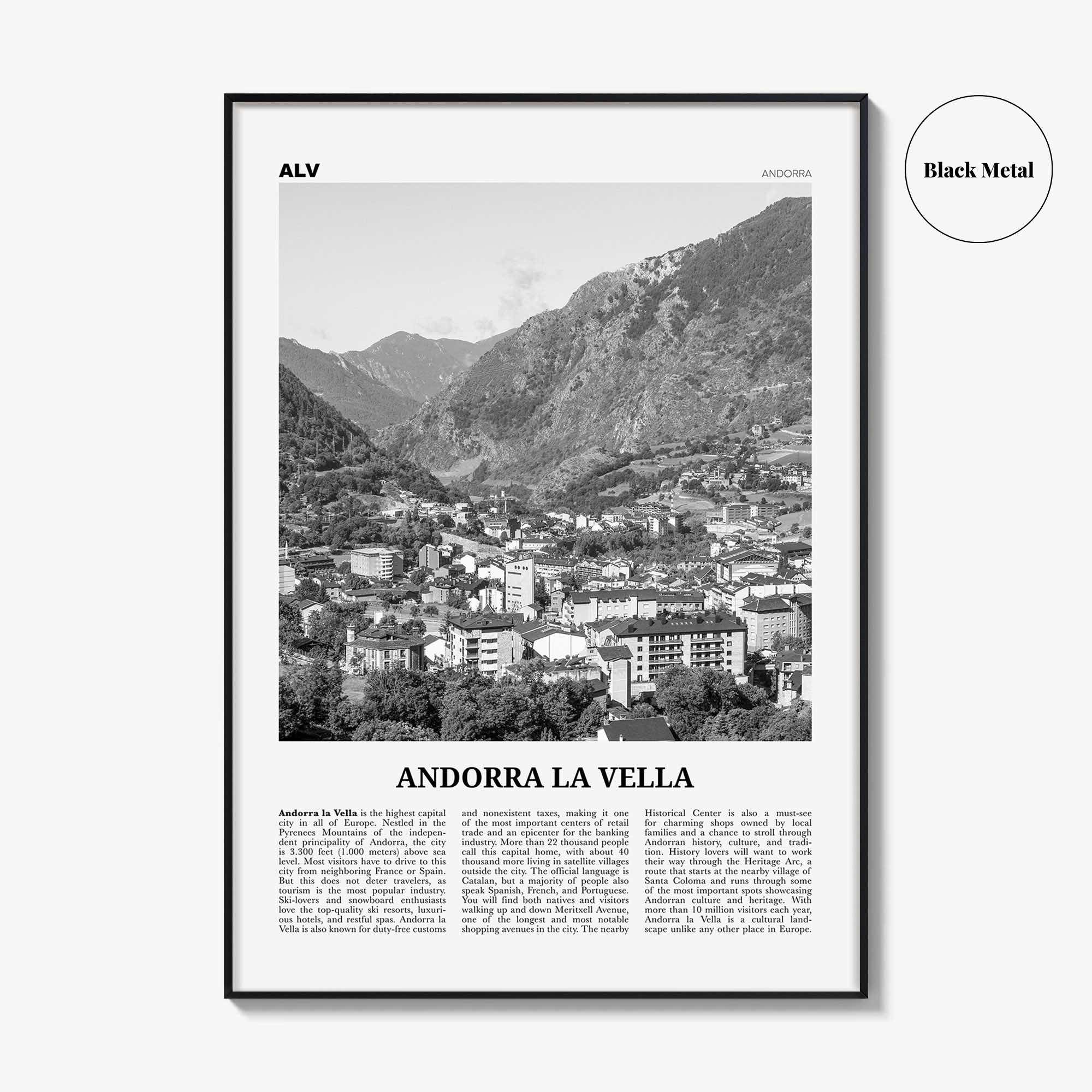 Andorra la Vella Print Black and White, Andorra la Vella Wall Art, Andorra la Vella Poster, Andorra la Vella Photo, la Vieja, Andorra