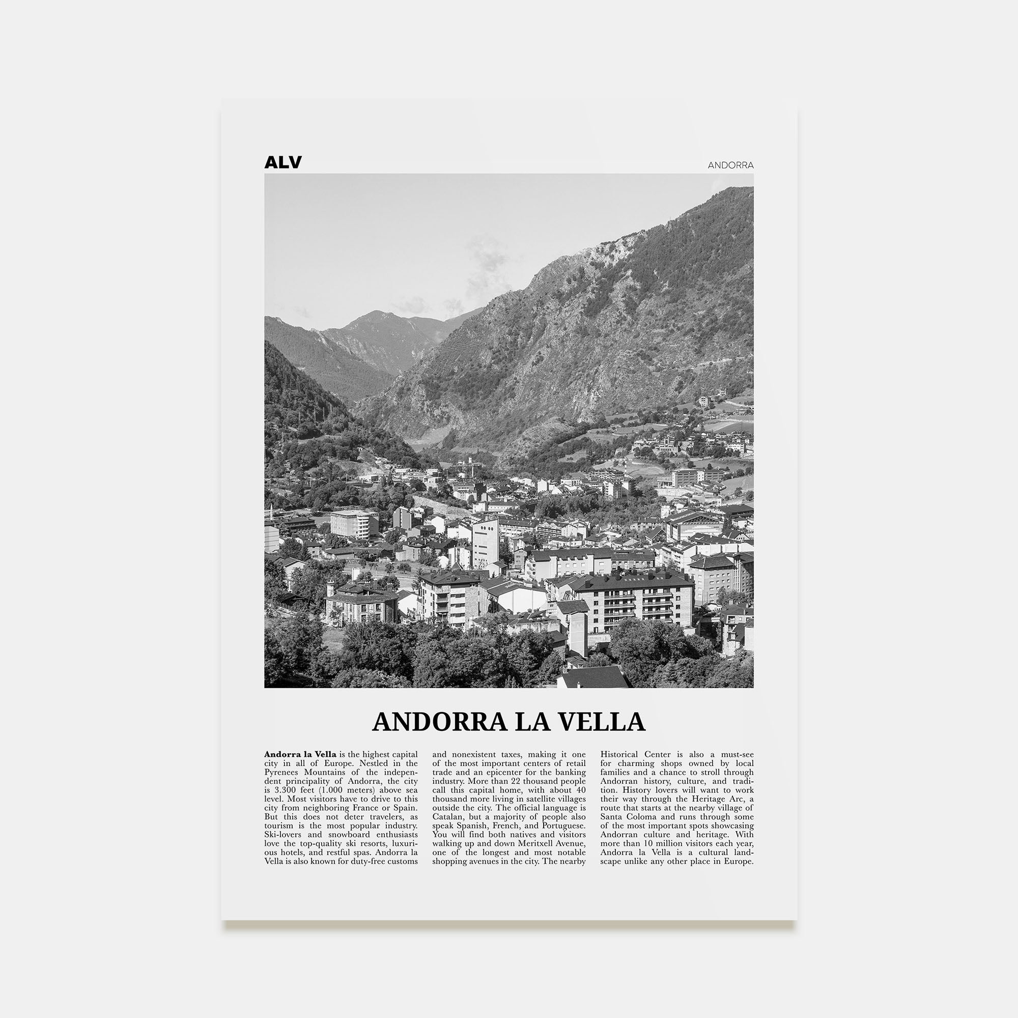 Andorra la Vella Travel B&W Poster