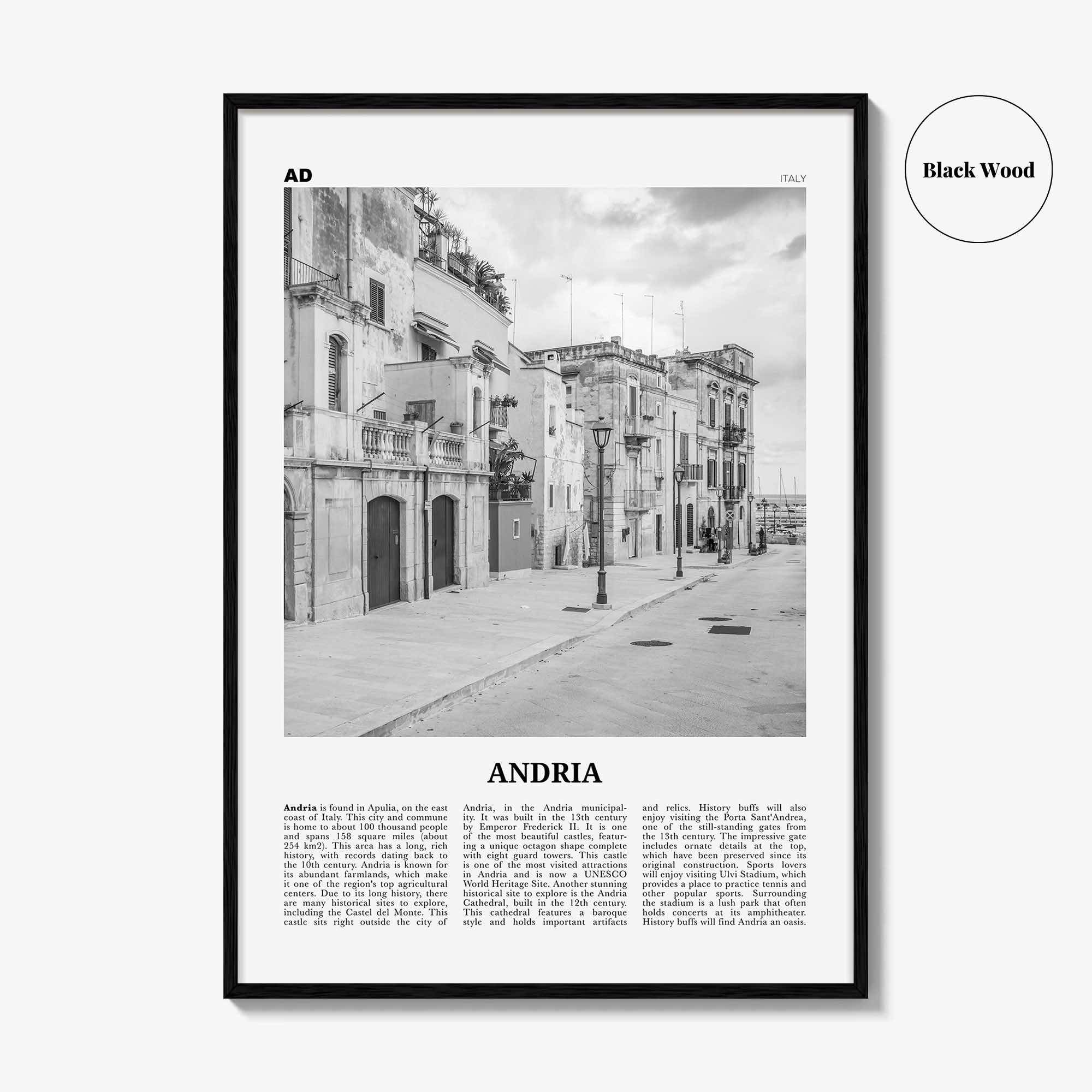 Andria Print Black and White, Andria Wall Art, Andria Poster, Andria Photo, Andria Wall Décor, Andria Map, Italy