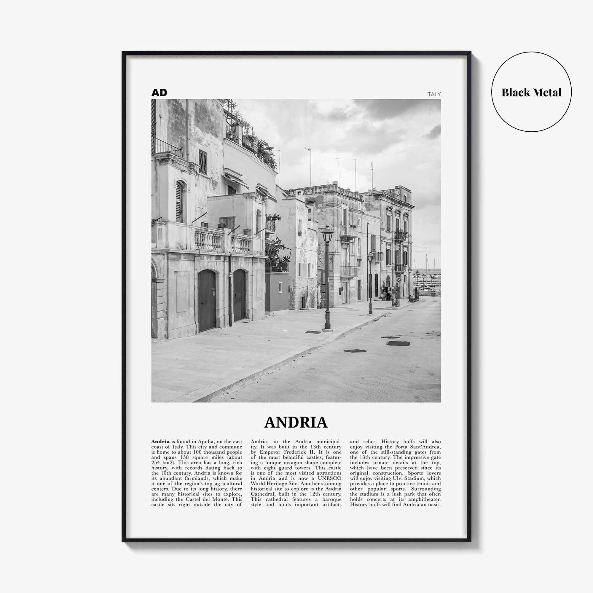 Andria Print Black and White, Andria Wall Art, Andria Poster, Andria Photo, Andria Wall Décor, Andria Map, Italy