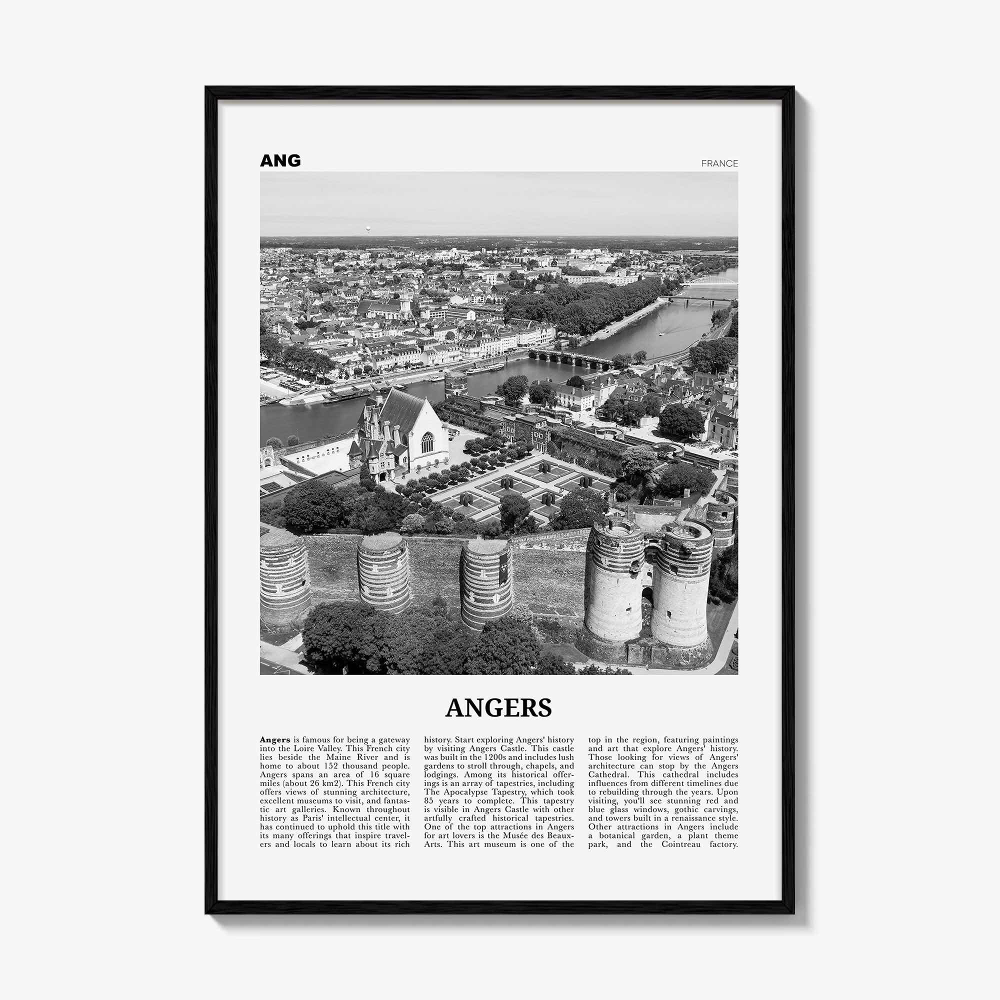 Angers Print Black and White, Angers Wall Art, Angers Poster, Angers Photo, Angers Wall Décor, Angers Map, France