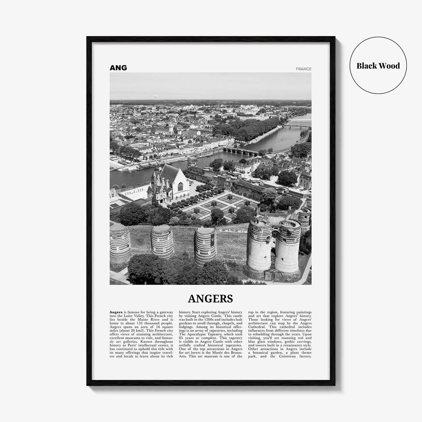 Angers Print Black and White, Angers Wall Art, Angers Poster, Angers Photo, Angers Wall Décor, Angers Map, France