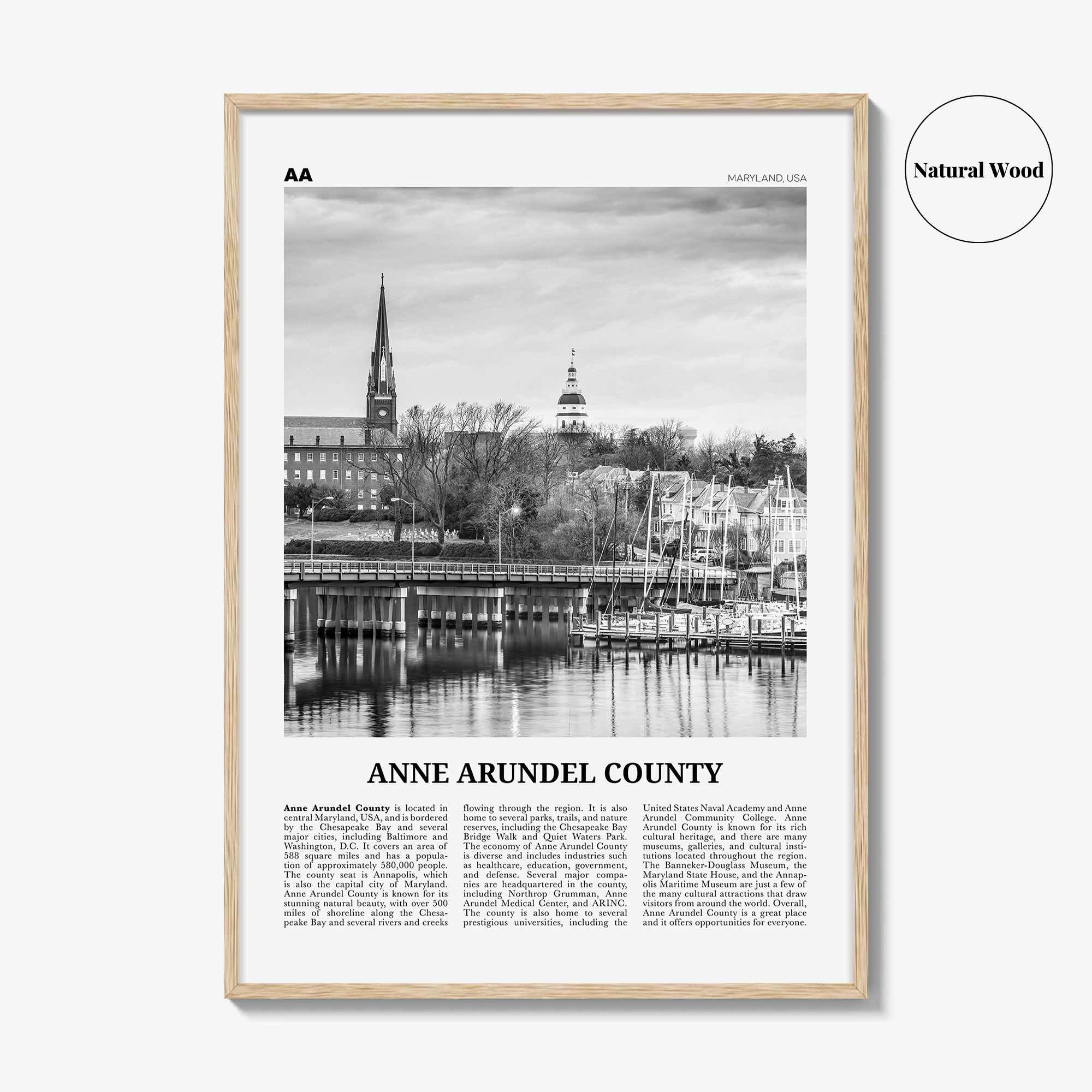 Anne Arundel County Print Black and White, Anne Arundel County Wall Art, Anne Arundel Poster, Photo, Anne Arundel Wall Décor, Anne Map