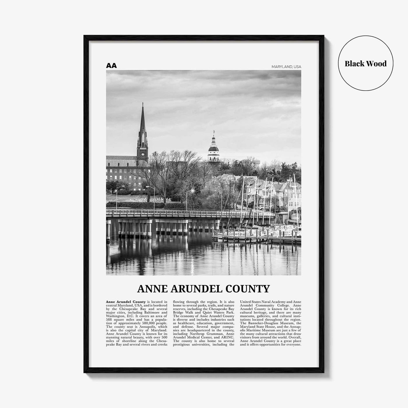 Anne Arundel County Print Black and White, Anne Arundel County Wall Art, Anne Arundel Poster, Photo, Anne Arundel Wall Décor, Anne Map
