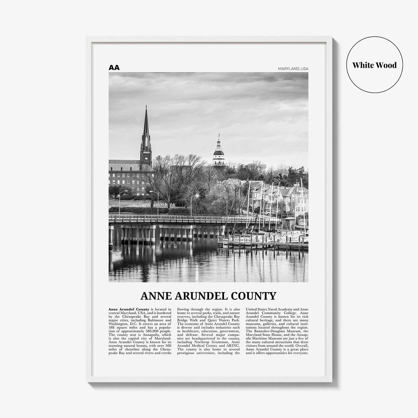 Anne Arundel County Print Black and White, Anne Arundel County Wall Art, Anne Arundel Poster, Photo, Anne Arundel Wall Décor, Anne Map