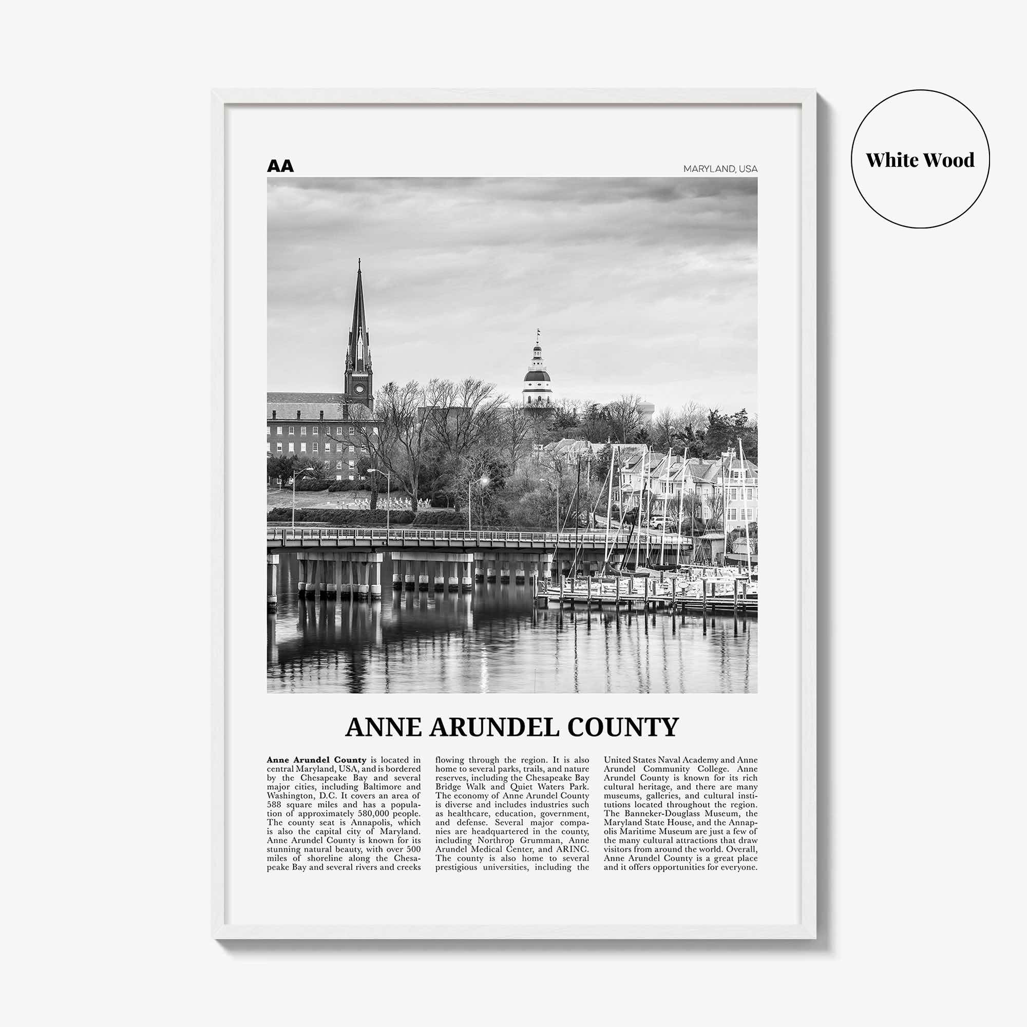 Anne Arundel County Print Black and White, Anne Arundel County Wall Art, Anne Arundel Poster, Photo, Anne Arundel Wall Décor, Anne Map