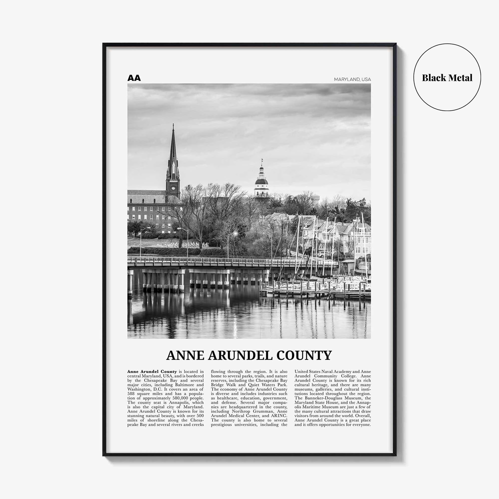 Anne Arundel County Print Black and White, Anne Arundel County Wall Art, Anne Arundel Poster, Photo, Anne Arundel Wall Décor, Anne Map