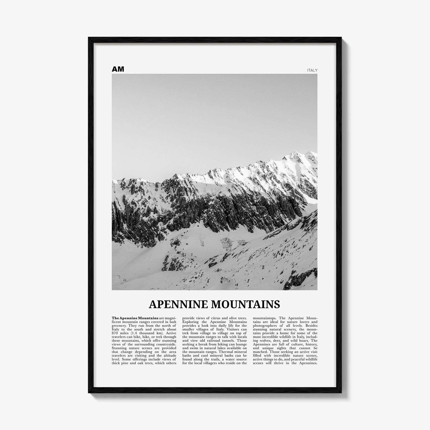 Apennine Mountains Print Black and White, Apennine Wall Art, Apennine Poster, Apennine Photo, Apennine Wall Décor, Apennine Map