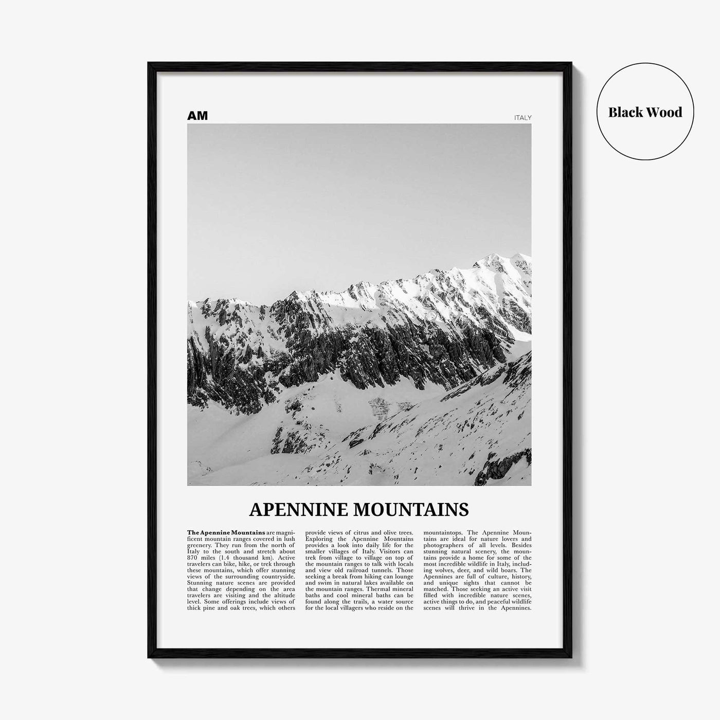 Apennine Mountains Print Black and White, Apennine Wall Art, Apennine Poster, Apennine Photo, Apennine Wall Décor, Apennine Map