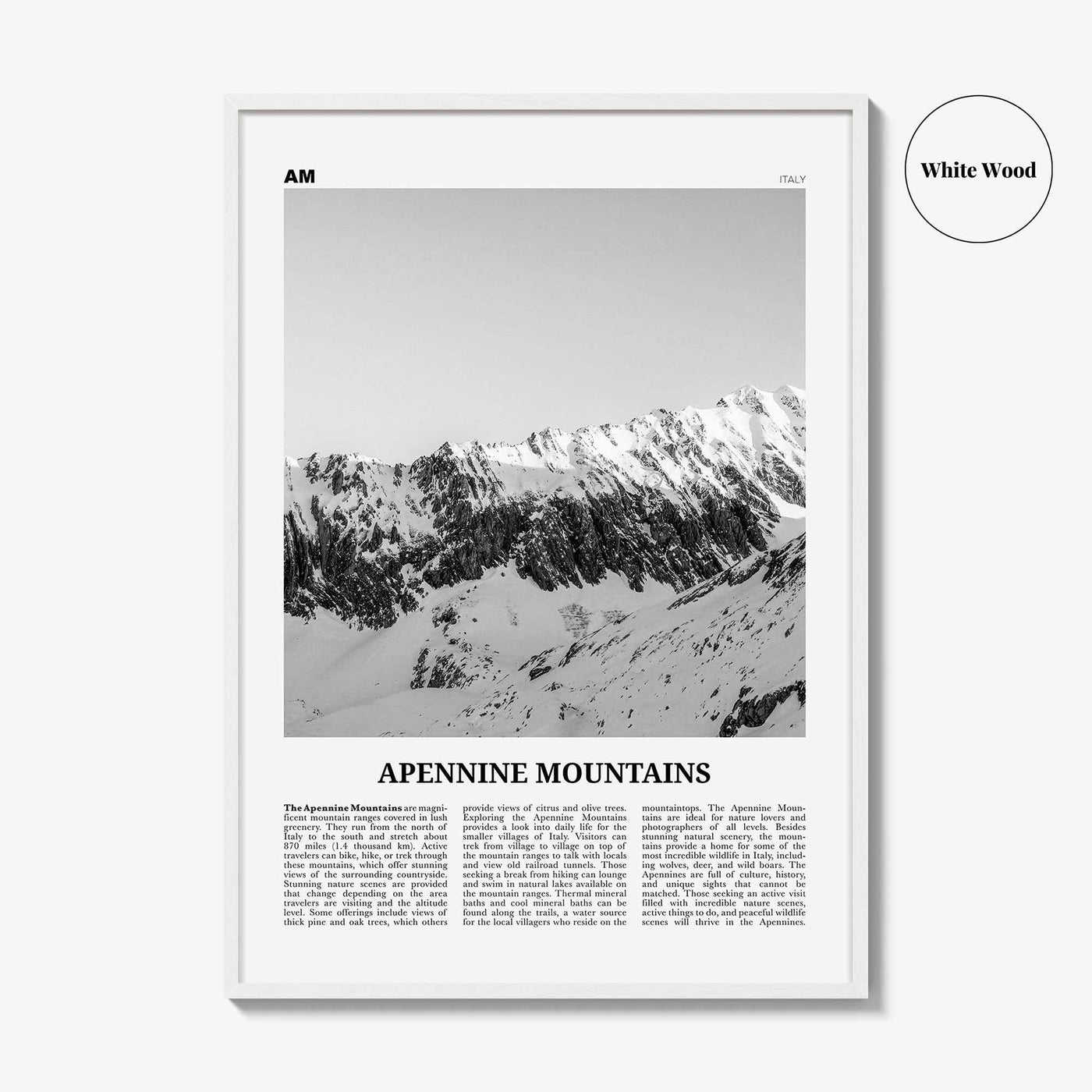 Apennine Mountains Print Black and White, Apennine Wall Art, Apennine Poster, Apennine Photo, Apennine Wall Décor, Apennine Map