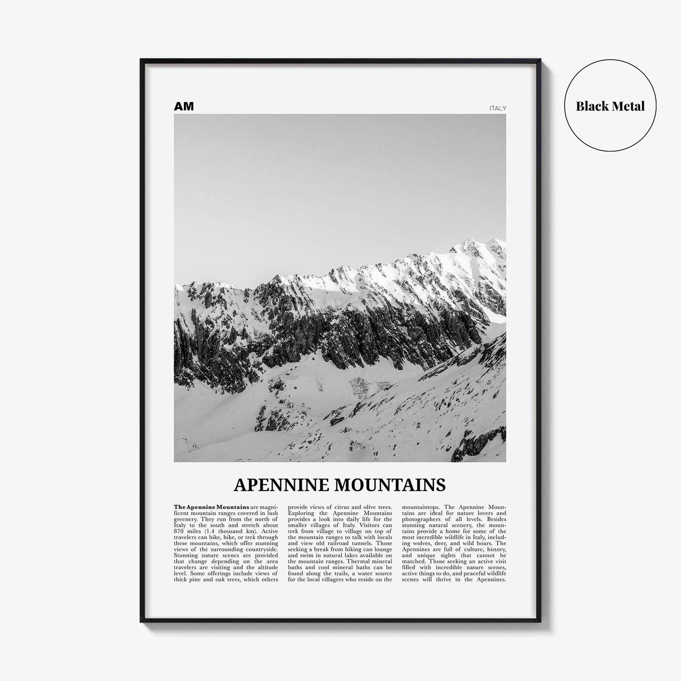 Apennine Mountains Print Black and White, Apennine Wall Art, Apennine Poster, Apennine Photo, Apennine Wall Décor, Apennine Map