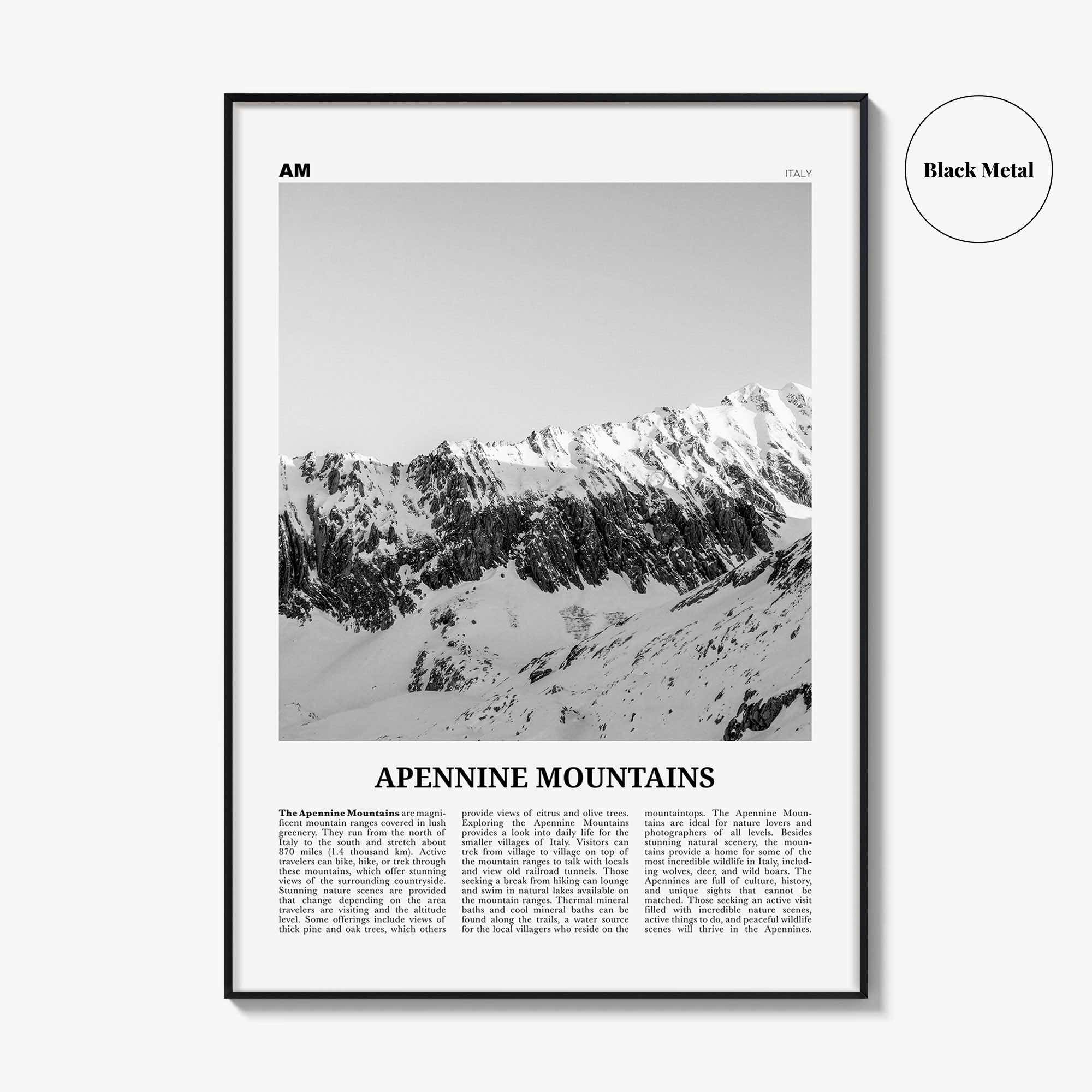 Apennine Mountains Print Black and White, Apennine Wall Art, Apennine Poster, Apennine Photo, Apennine Wall Décor, Apennine Map