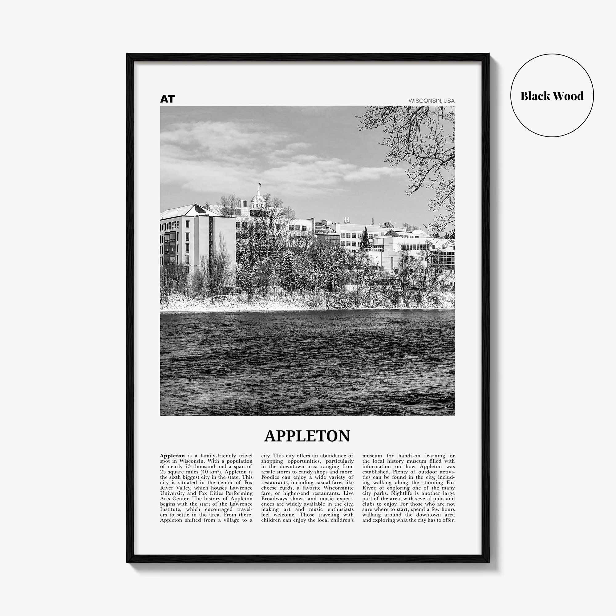 Appleton Print Black and White, Appleton Wall Art, Appleton Poster, Appleton Photo, Appleton Wall Décor, Appleton Map,  Wisconsin, USA