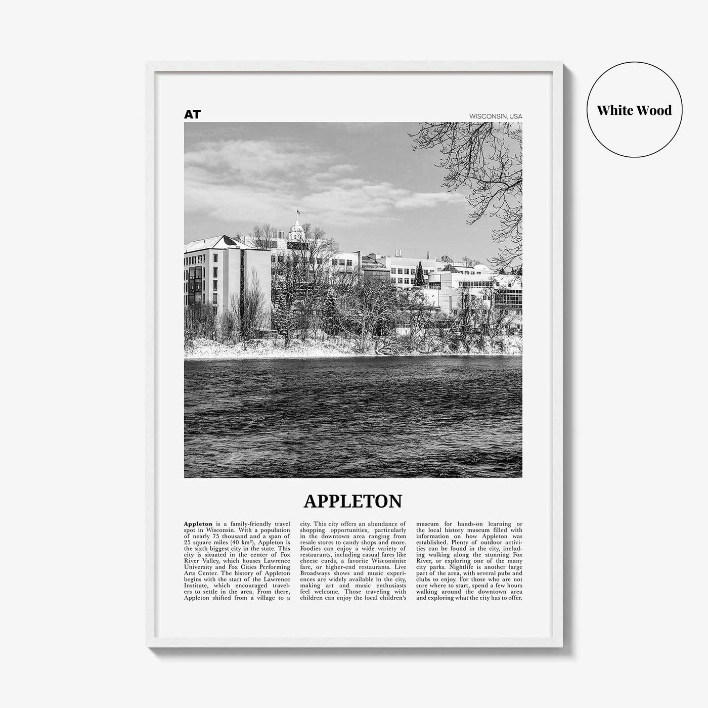 Appleton Print Black and White, Appleton Wall Art, Appleton Poster, Appleton Photo, Appleton Wall Décor, Appleton Map,  Wisconsin, USA