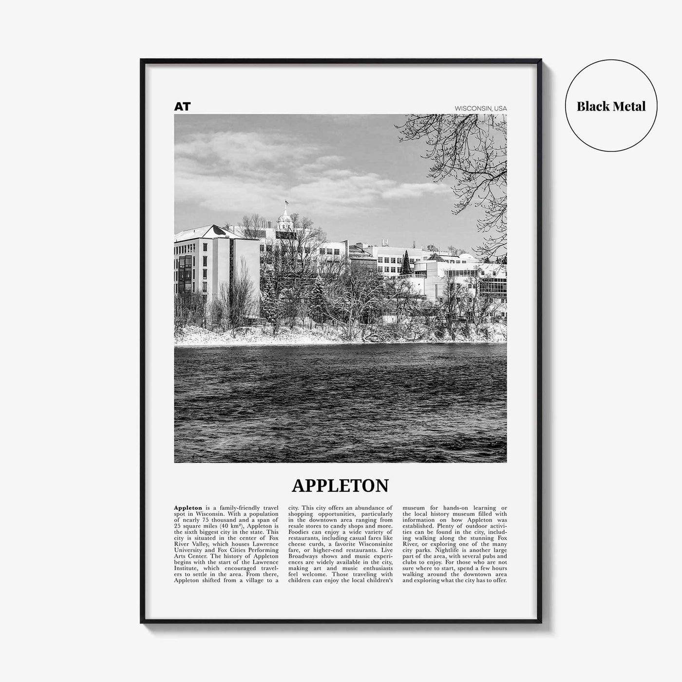 Appleton Print Black and White, Appleton Wall Art, Appleton Poster, Appleton Photo, Appleton Wall Décor, Appleton Map,  Wisconsin, USA