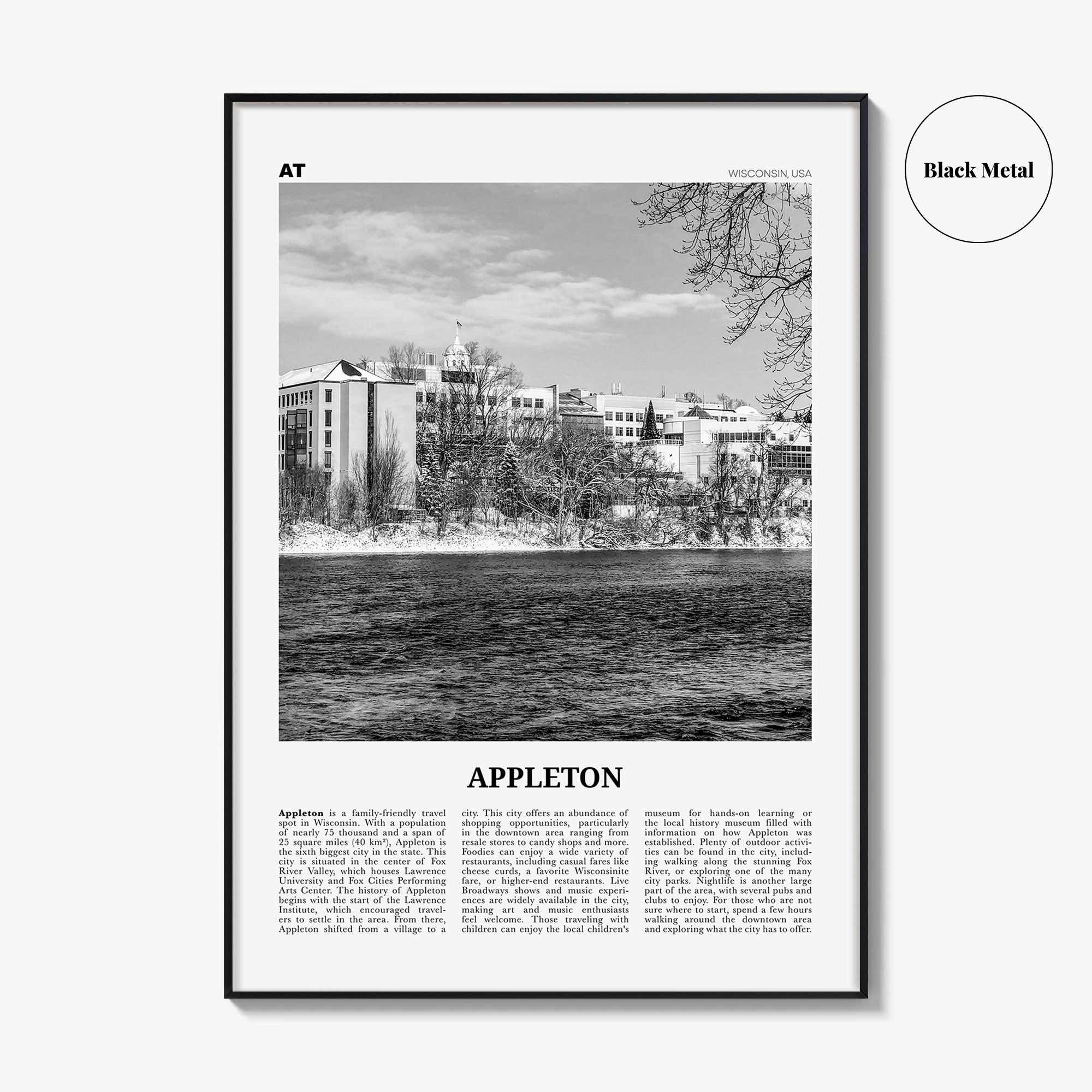 Appleton Print Black and White, Appleton Wall Art, Appleton Poster, Appleton Photo, Appleton Wall Décor, Appleton Map,  Wisconsin, USA