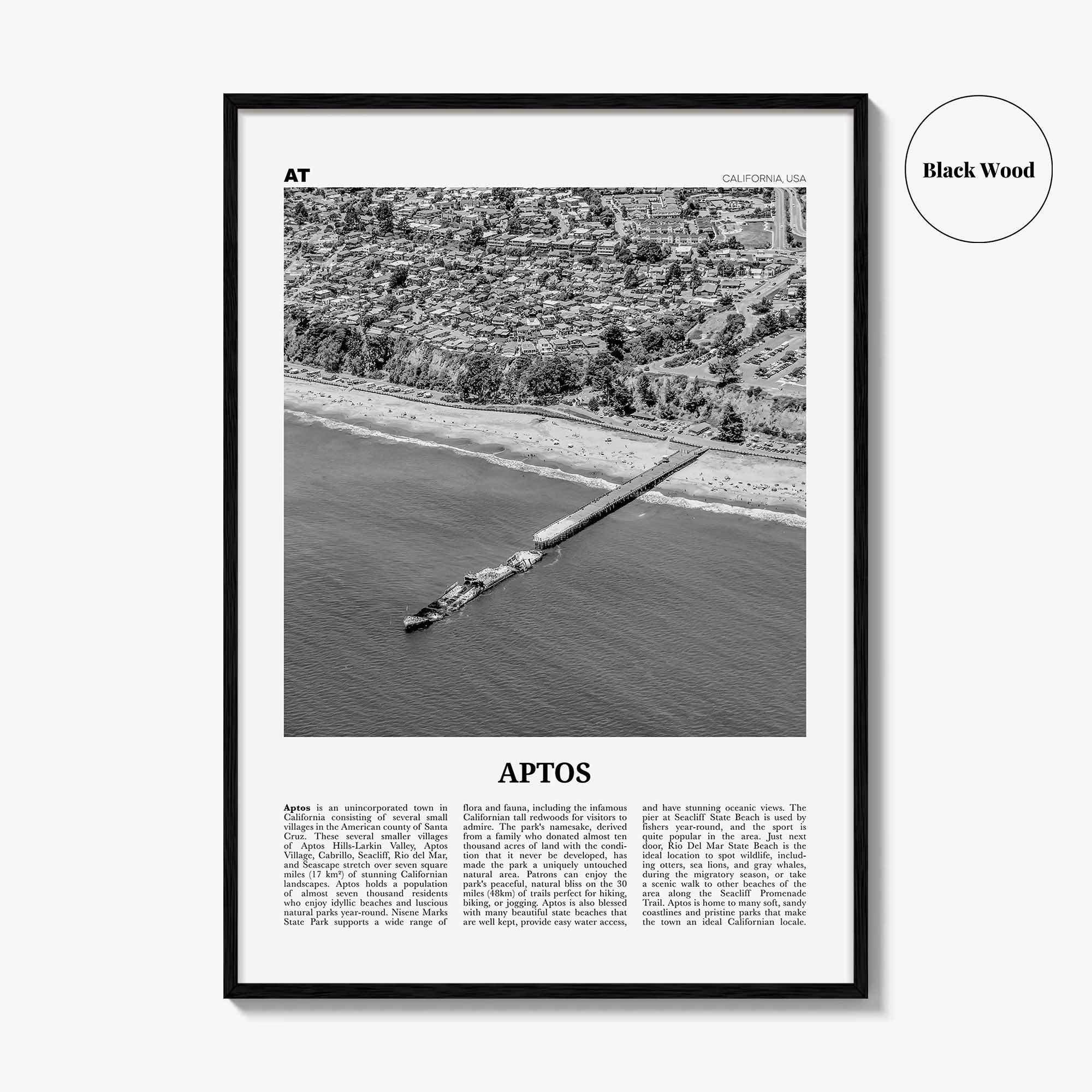Aptos Print Black and White, Aptos Wall Art, Aptos Poster, Aptos Photo, Aptos Map, Aptos Wall Decor, California, USA, United States