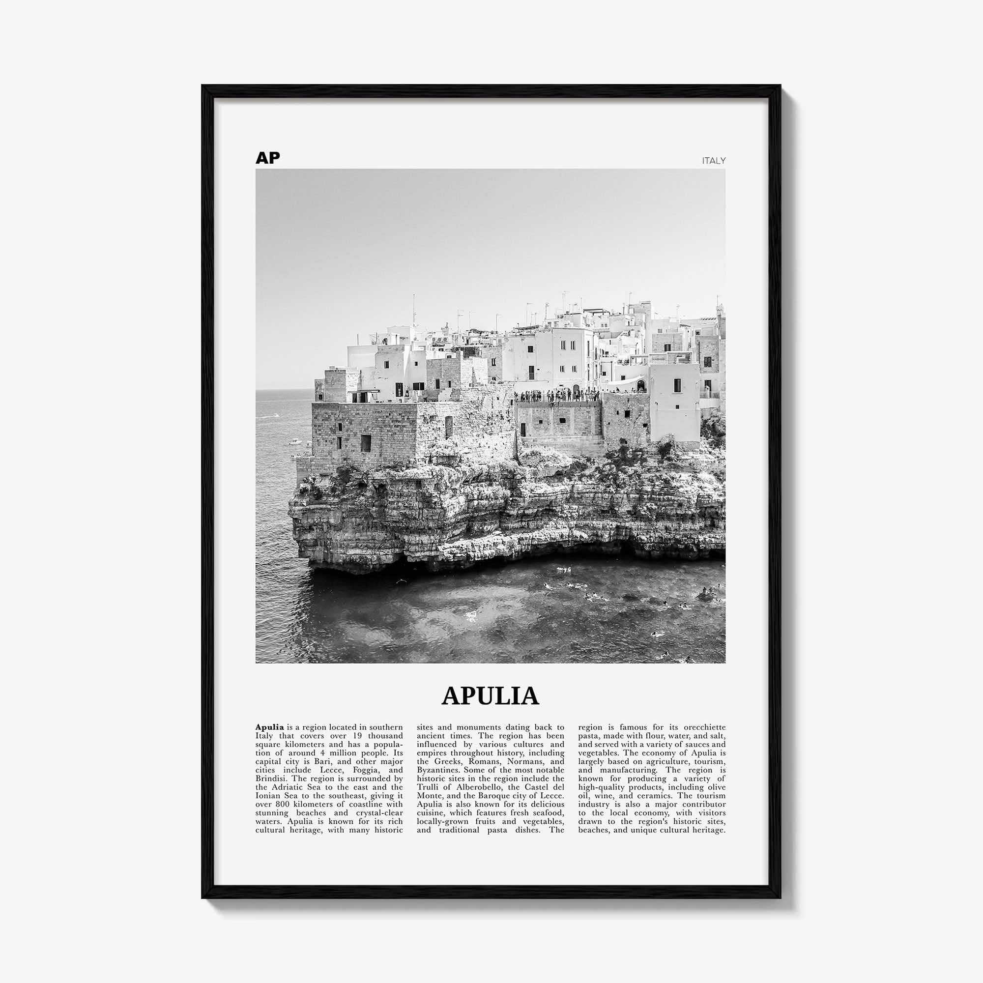 Apulia Print Black and White, Apulia Wall Art, Apulia Poster, Apulia Photo, Apulia Wall Décor, Apulia Map, Italy