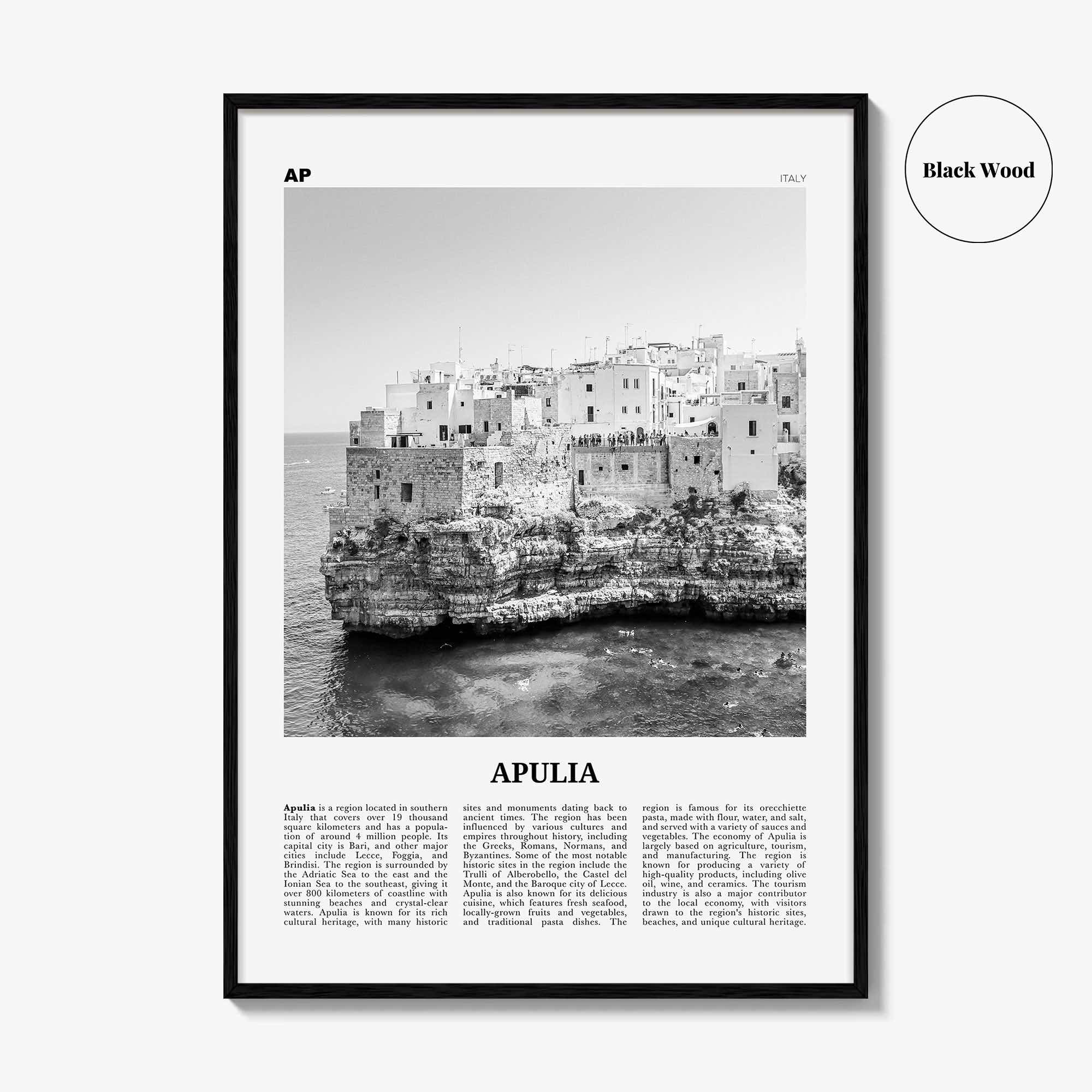 Apulia Print Black and White, Apulia Wall Art, Apulia Poster, Apulia Photo, Apulia Wall Décor, Apulia Map, Italy