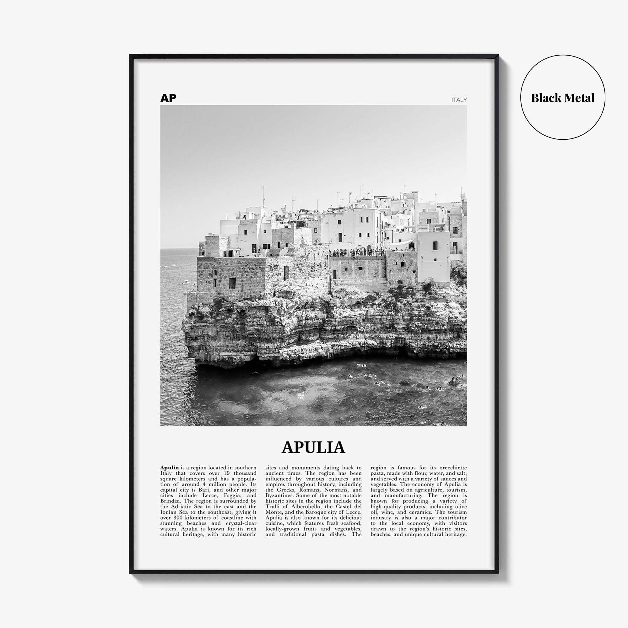 Apulia Print Black and White, Apulia Wall Art, Apulia Poster, Apulia Photo, Apulia Wall Décor, Apulia Map, Italy