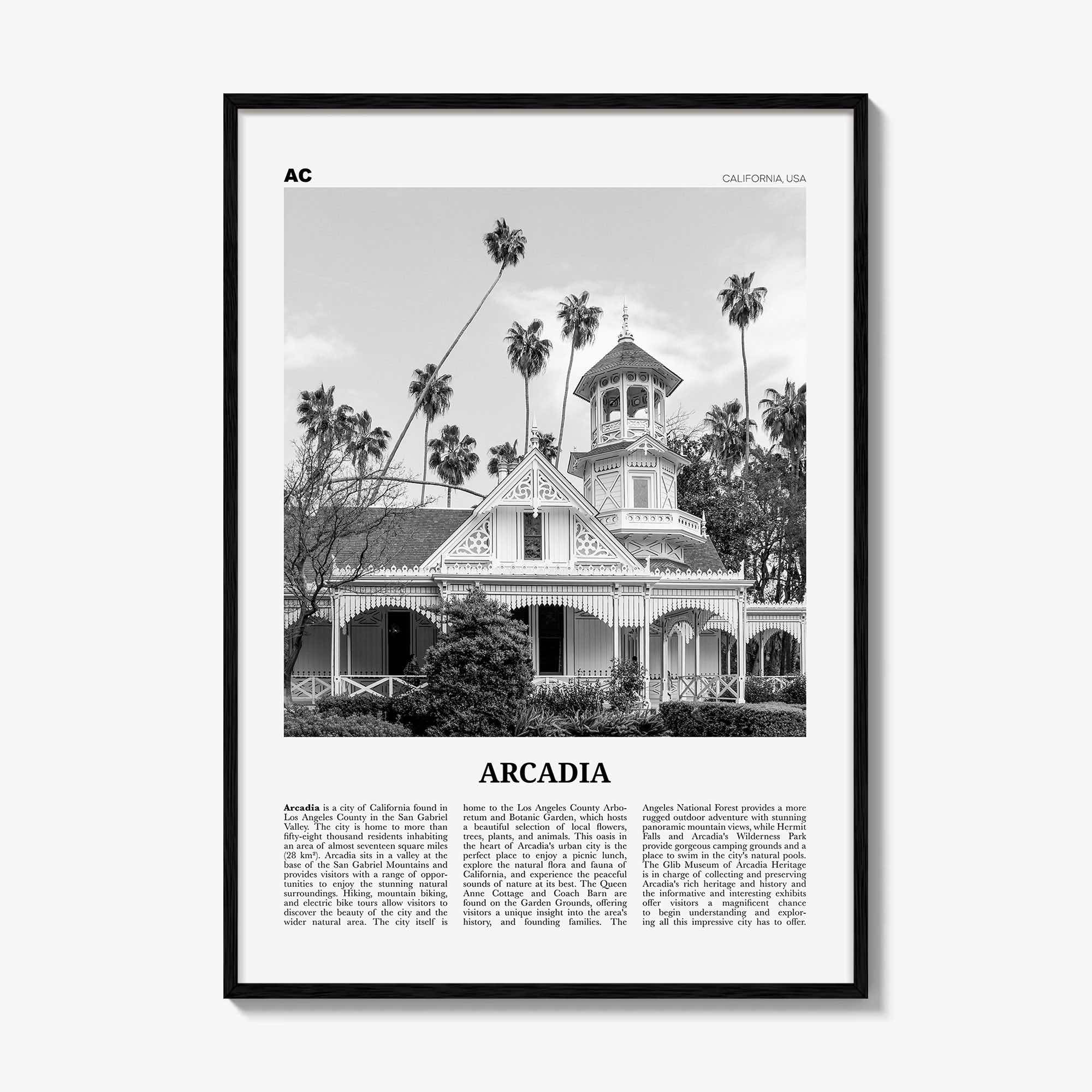 Arcadia Print Black and White, Arcadia Wall Art, Arcadia Poster, Arcadia Photo, Arcadia Map, California, USA, United States
