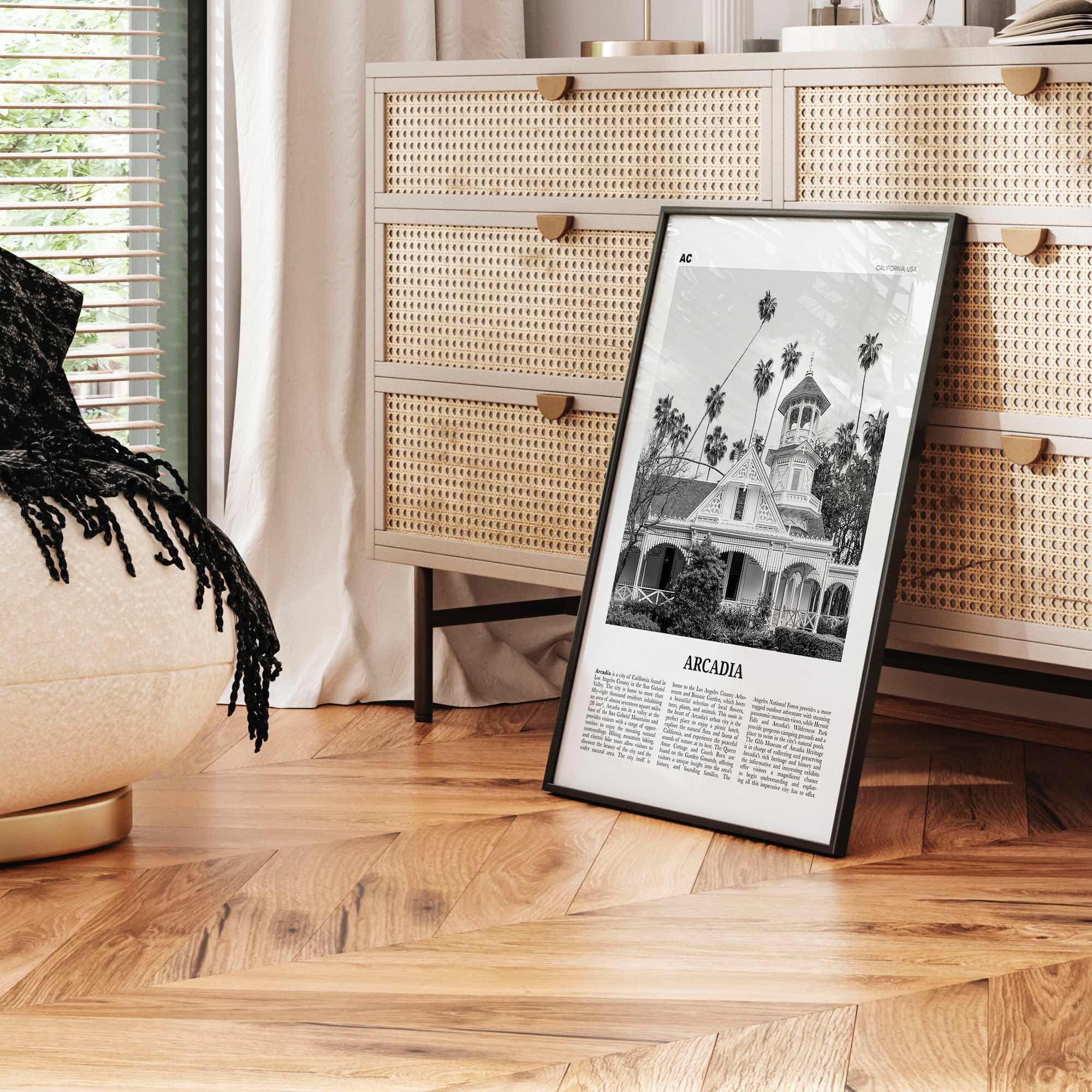 Arcadia Print Black and White, Arcadia Wall Art, Arcadia Poster, Arcadia Photo, Arcadia Map, California, USA, United States