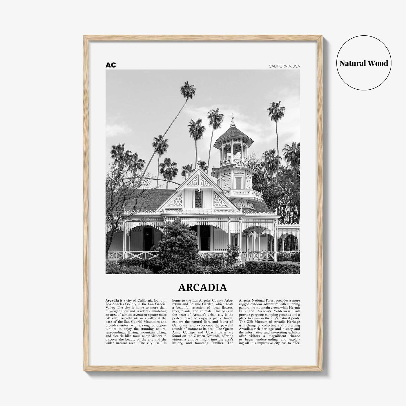 Arcadia Print Black and White, Arcadia Wall Art, Arcadia Poster, Arcadia Photo, Arcadia Map, California, USA, United States