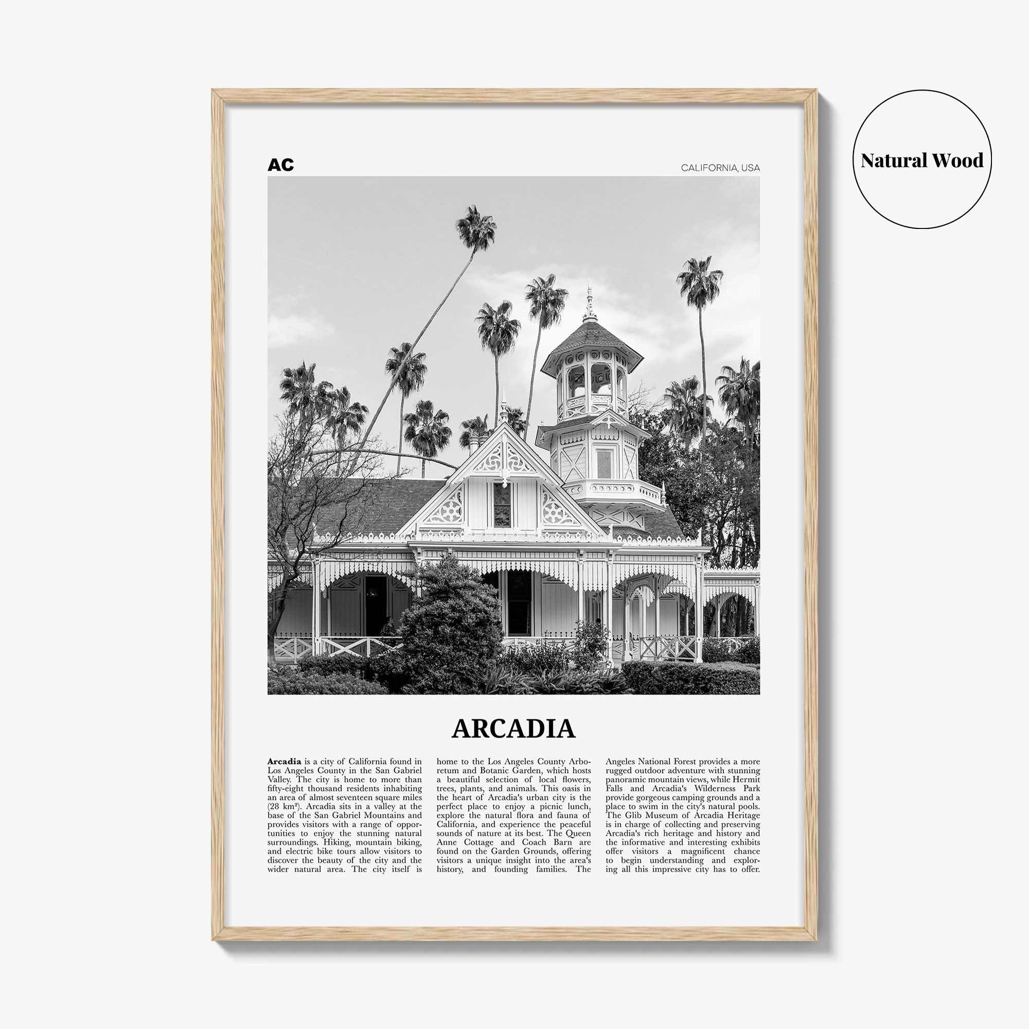 Arcadia Print Black and White, Arcadia Wall Art, Arcadia Poster, Arcadia Photo, Arcadia Map, California, USA, United States