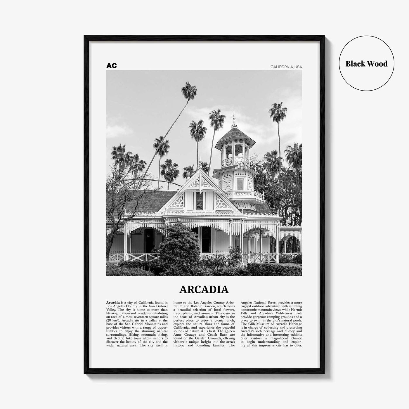 Arcadia Print Black and White, Arcadia Wall Art, Arcadia Poster, Arcadia Photo, Arcadia Map, California, USA, United States