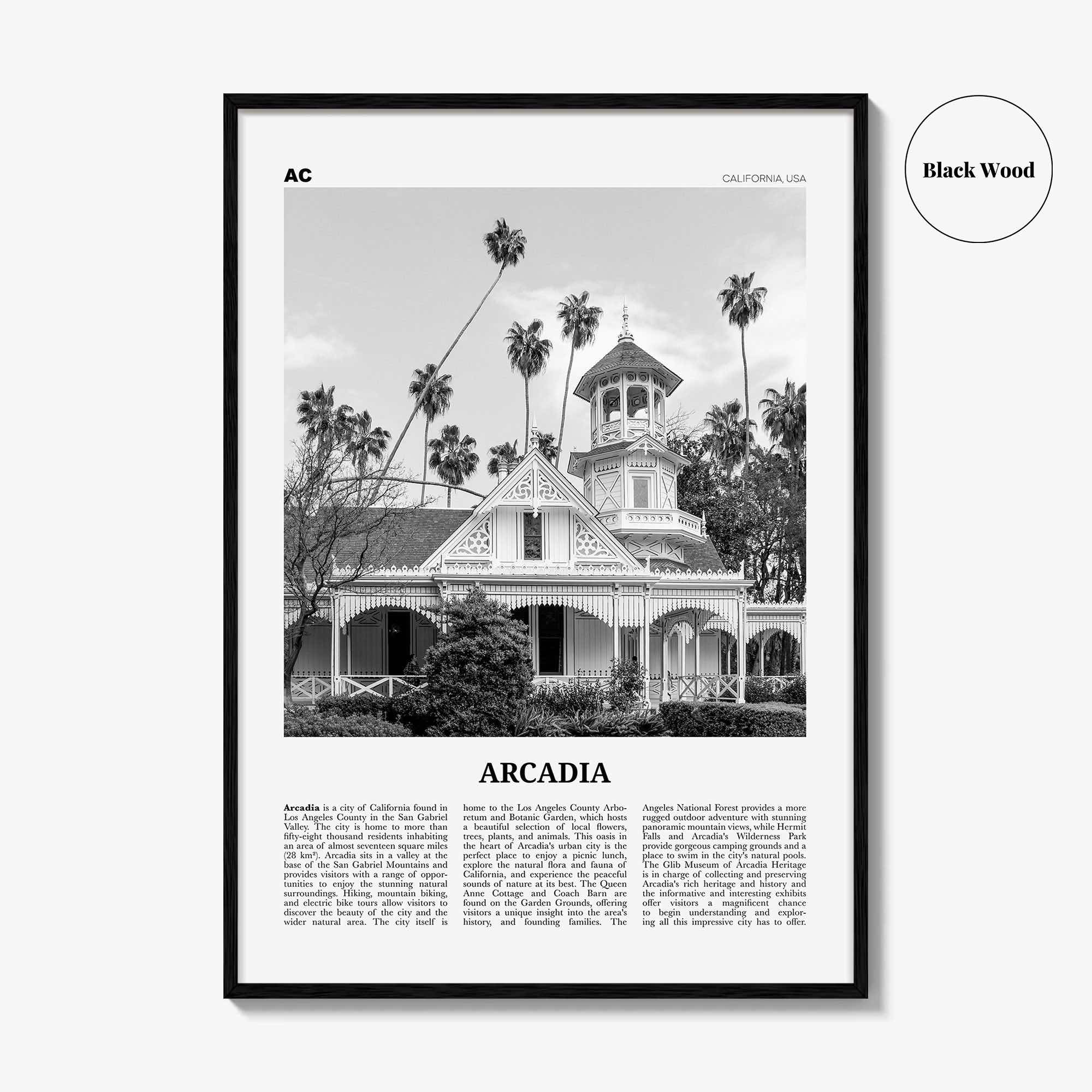 Arcadia Print Black and White, Arcadia Wall Art, Arcadia Poster, Arcadia Photo, Arcadia Map, California, USA, United States