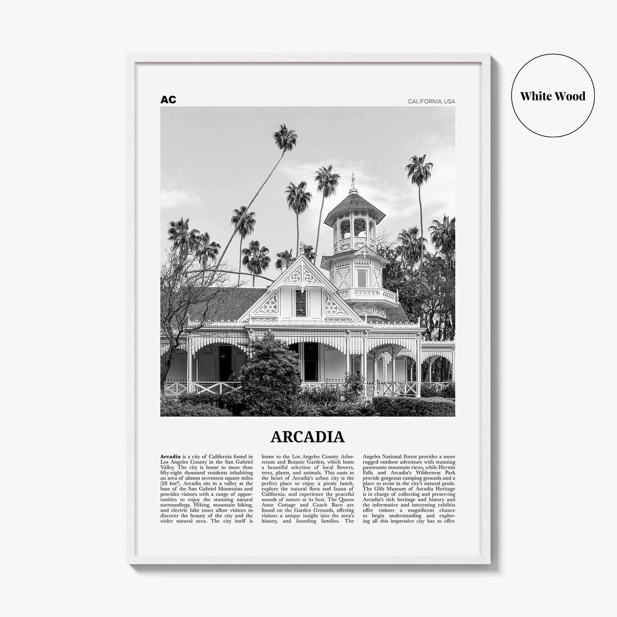 Arcadia Print Black and White, Arcadia Wall Art, Arcadia Poster, Arcadia Photo, Arcadia Map, California, USA, United States