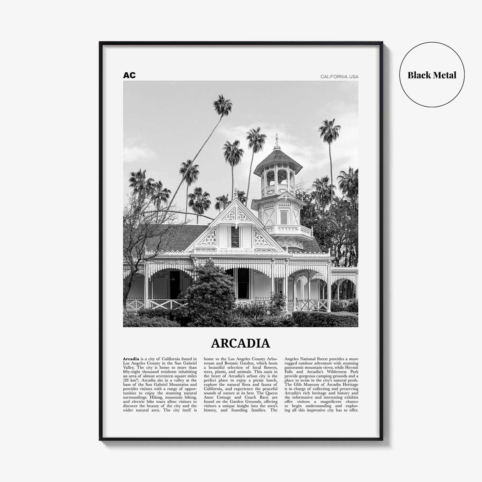 Arcadia Print Black and White, Arcadia Wall Art, Arcadia Poster, Arcadia Photo, Arcadia Map, California, USA, United States
