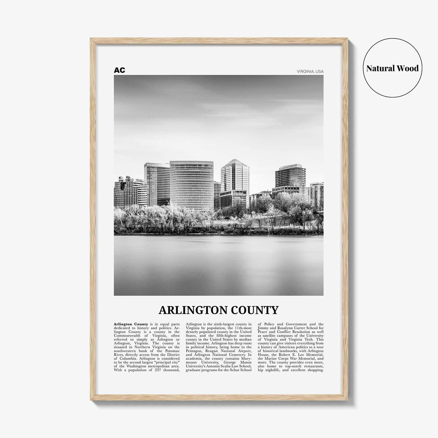 Arlington County Print Black and White Virginia No 1, Arlington County Wall Art, Arlington County Poster, Virginia, USA, United States