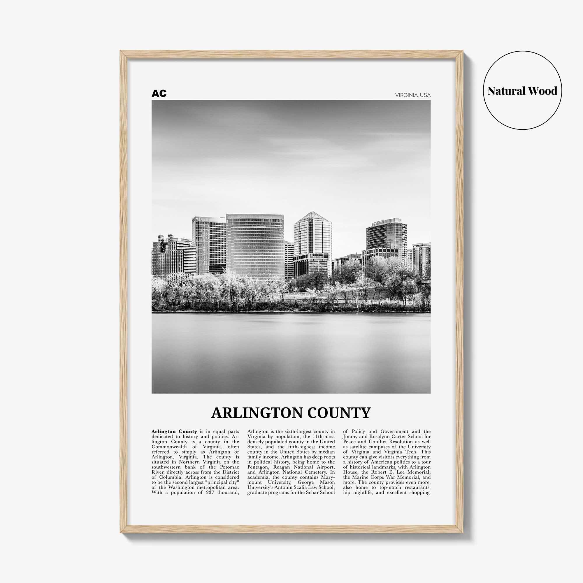 Arlington County Print Black and White Virginia No 1, Arlington County Wall Art, Arlington County Poster, Virginia, USA, United States