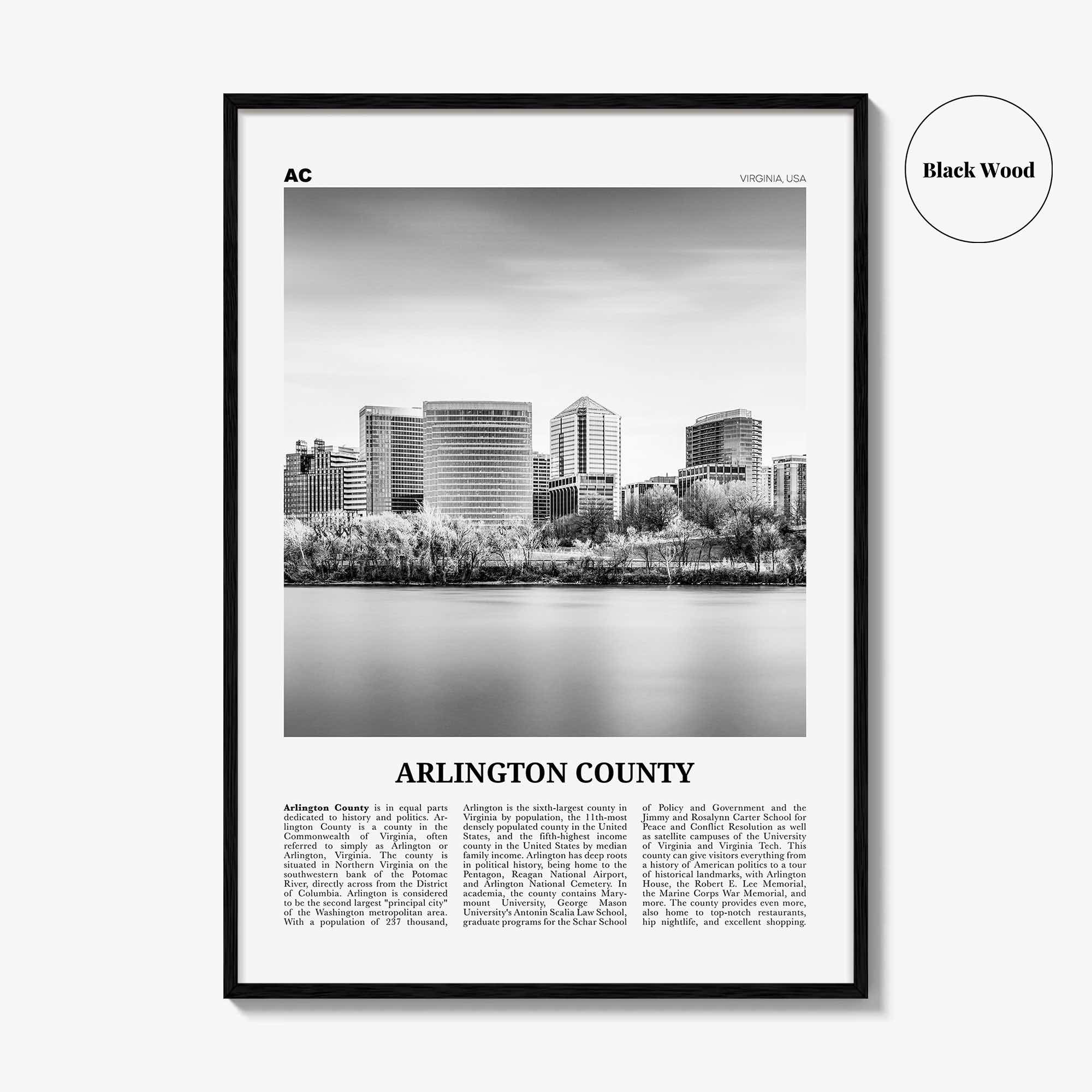 Arlington County Print Black and White Virginia No 1, Arlington County Wall Art, Arlington County Poster, Virginia, USA, United States