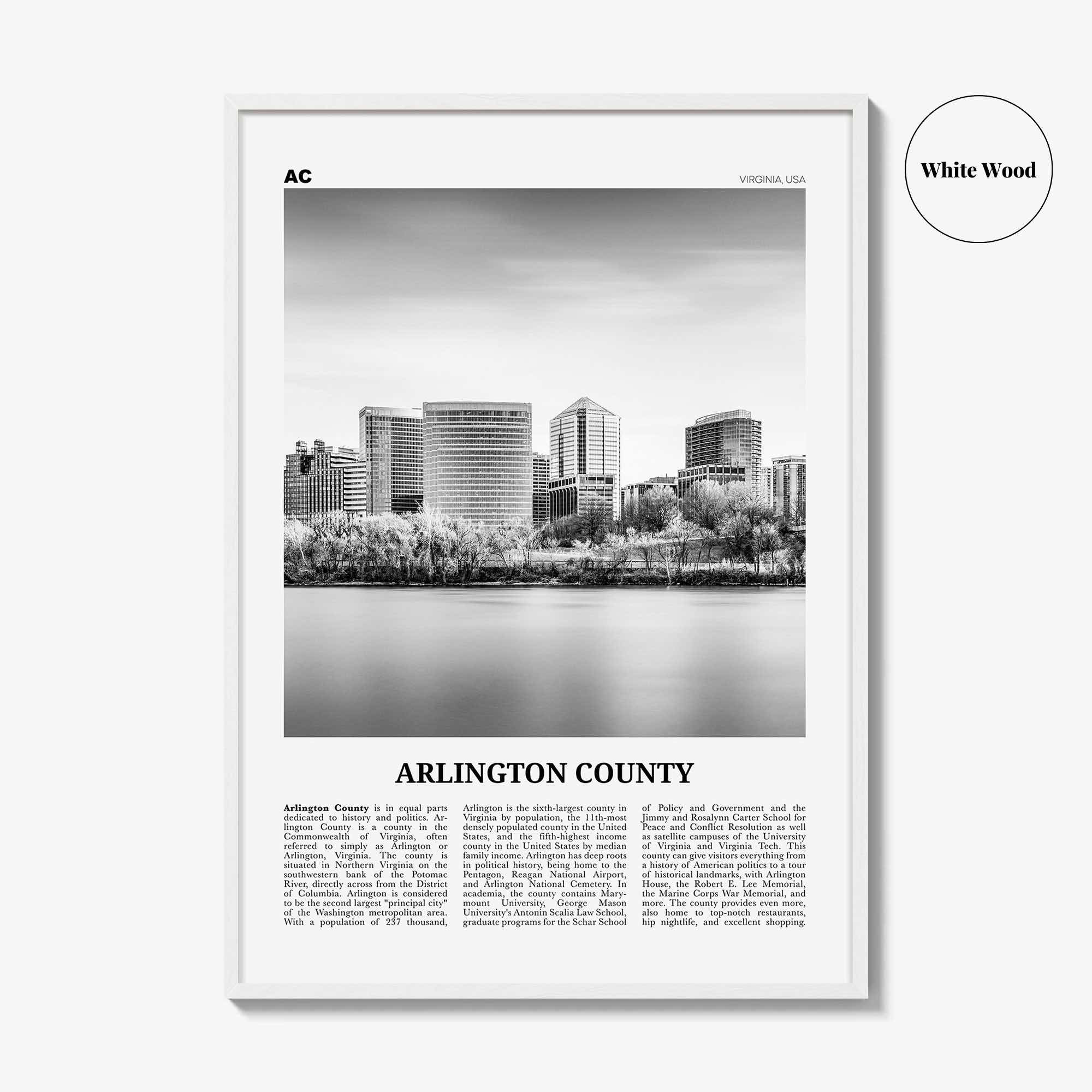 Arlington County Print Black and White Virginia No 1, Arlington County Wall Art, Arlington County Poster, Virginia, USA, United States