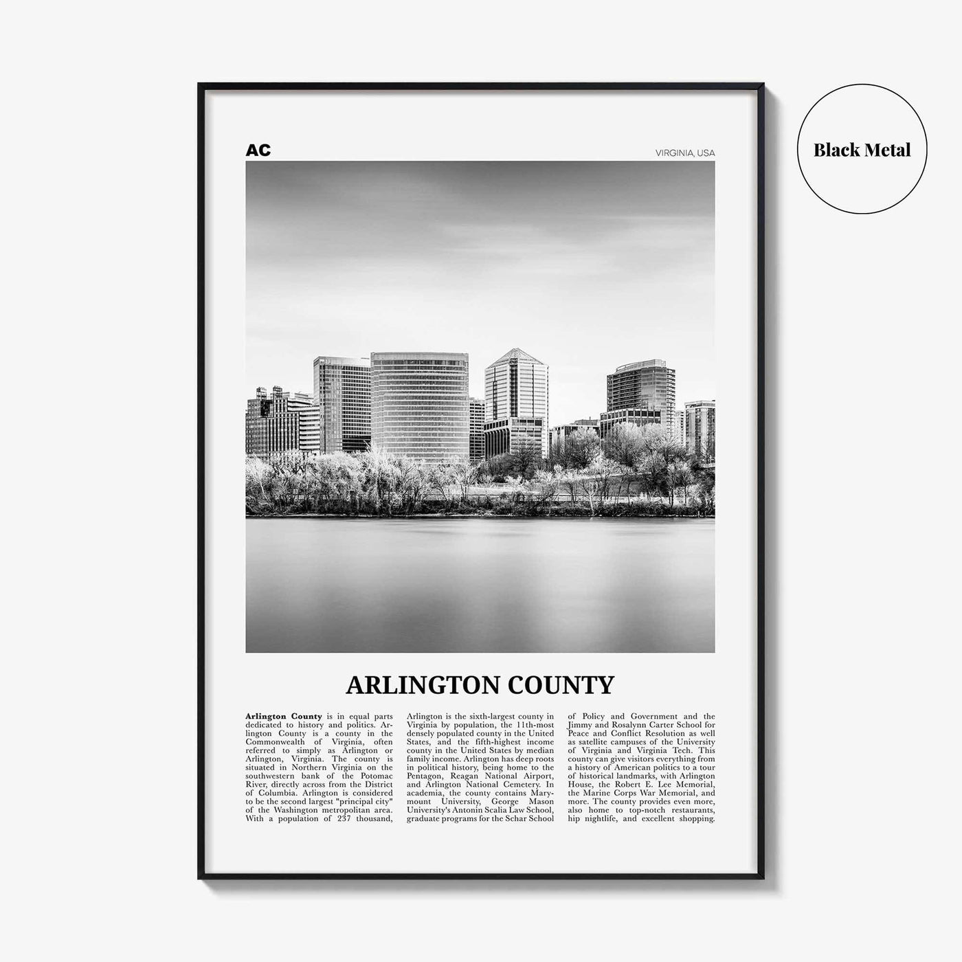 Arlington County Print Black and White Virginia No 1, Arlington County Wall Art, Arlington County Poster, Virginia, USA, United States