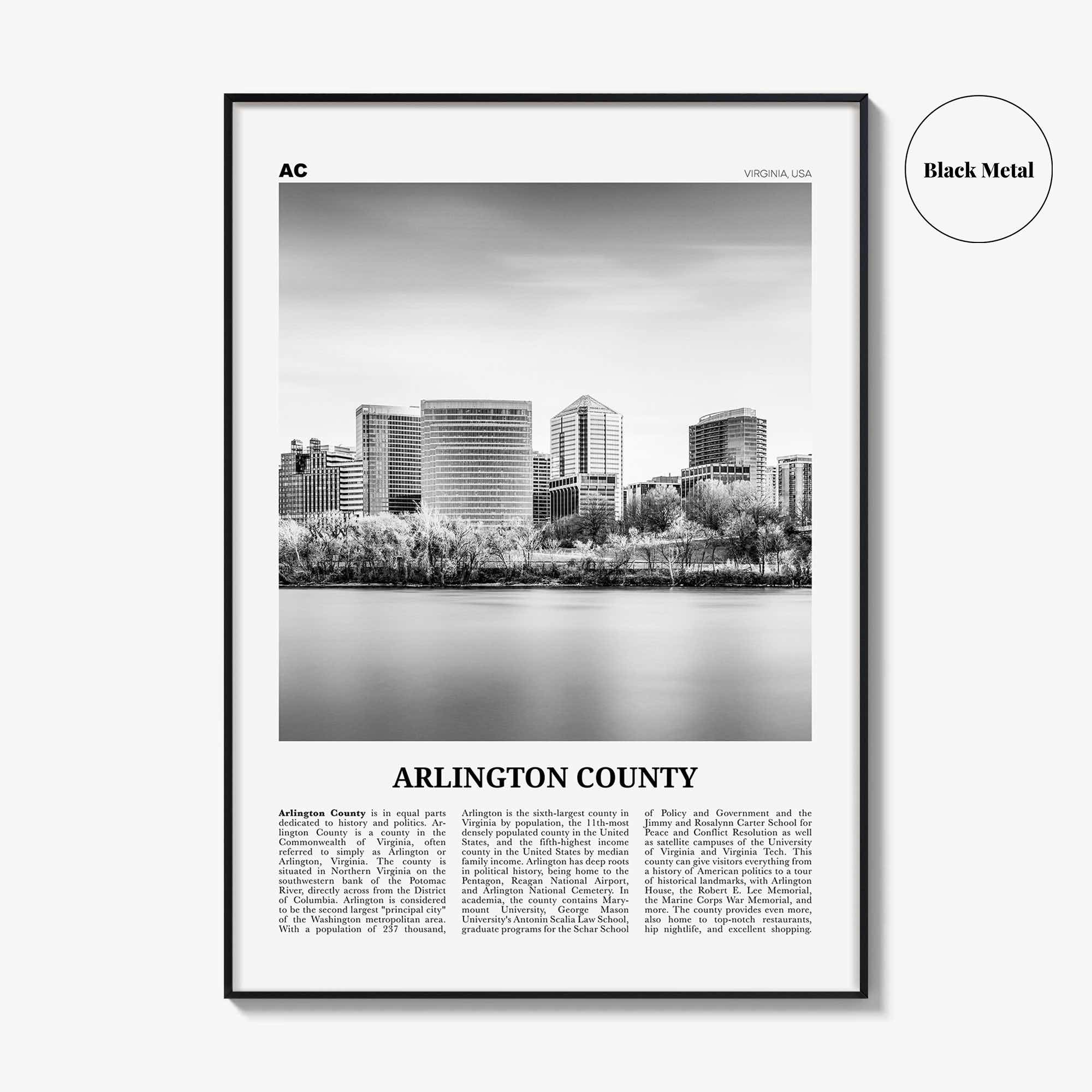 Arlington County Print Black and White Virginia No 1, Arlington County Wall Art, Arlington County Poster, Virginia, USA, United States