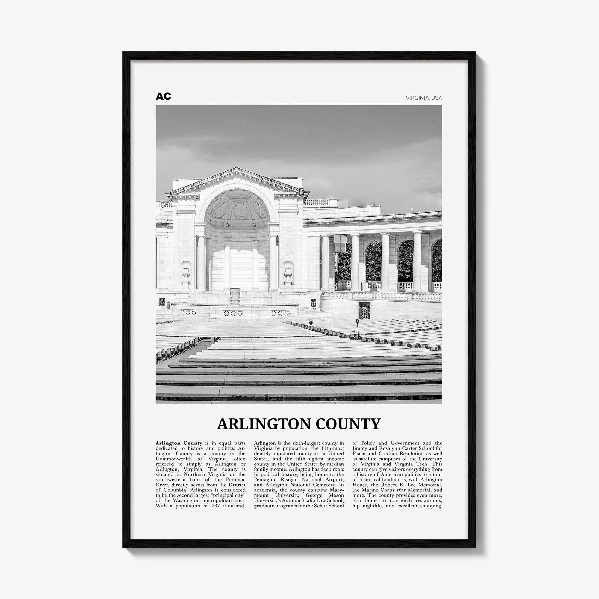 Arlington County Print Black and White Virginia No 2, Arlington County Wall Art, Arlington County Poster, Virginia, USA, United States