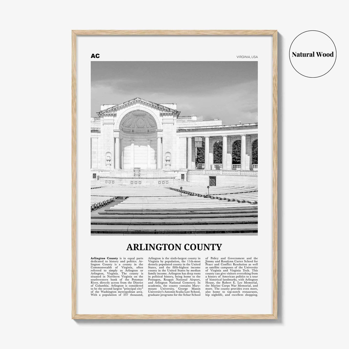Arlington County Print Black and White Virginia No 2, Arlington County Wall Art, Arlington County Poster, Virginia, USA, United States