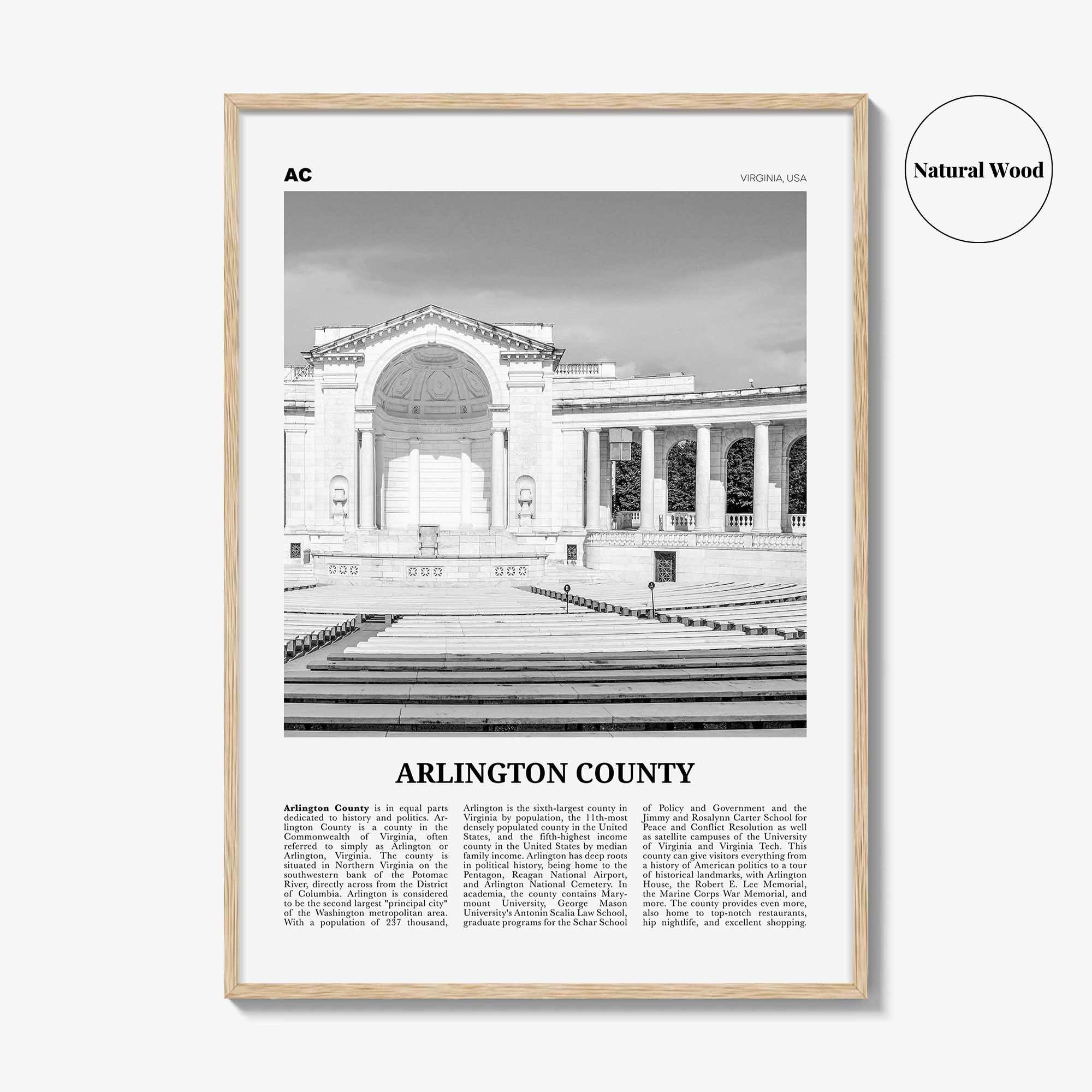 Arlington County Print Black and White Virginia No 2, Arlington County Wall Art, Arlington County Poster, Virginia, USA, United States