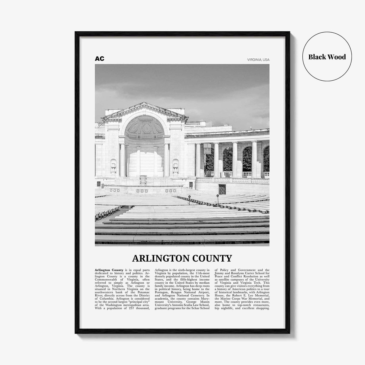 Arlington County Print Black and White Virginia No 2, Arlington County Wall Art, Arlington County Poster, Virginia, USA, United States