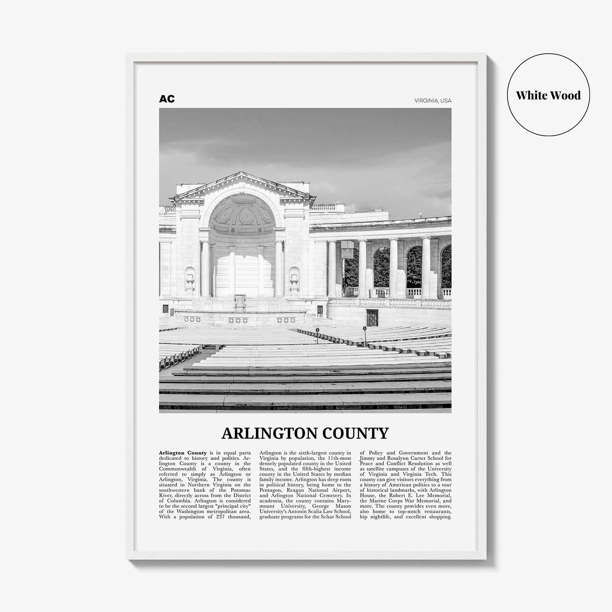 Arlington County Print Black and White Virginia No 2, Arlington County Wall Art, Arlington County Poster, Virginia, USA, United States