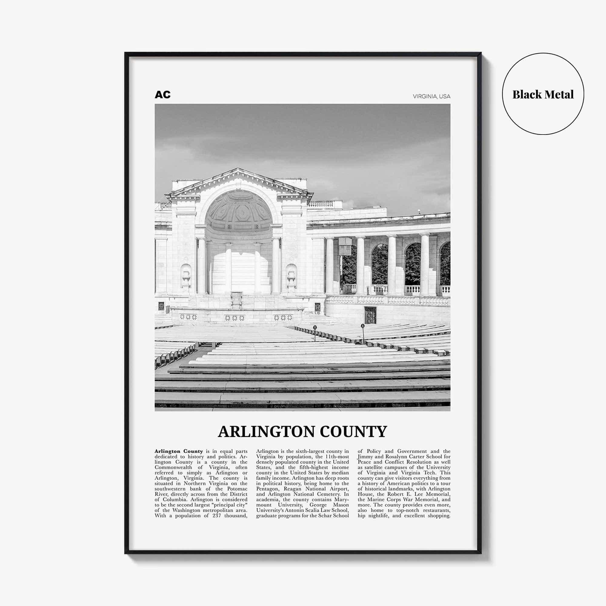 Arlington County Print Black and White Virginia No 2, Arlington County Wall Art, Arlington County Poster, Virginia, USA, United States